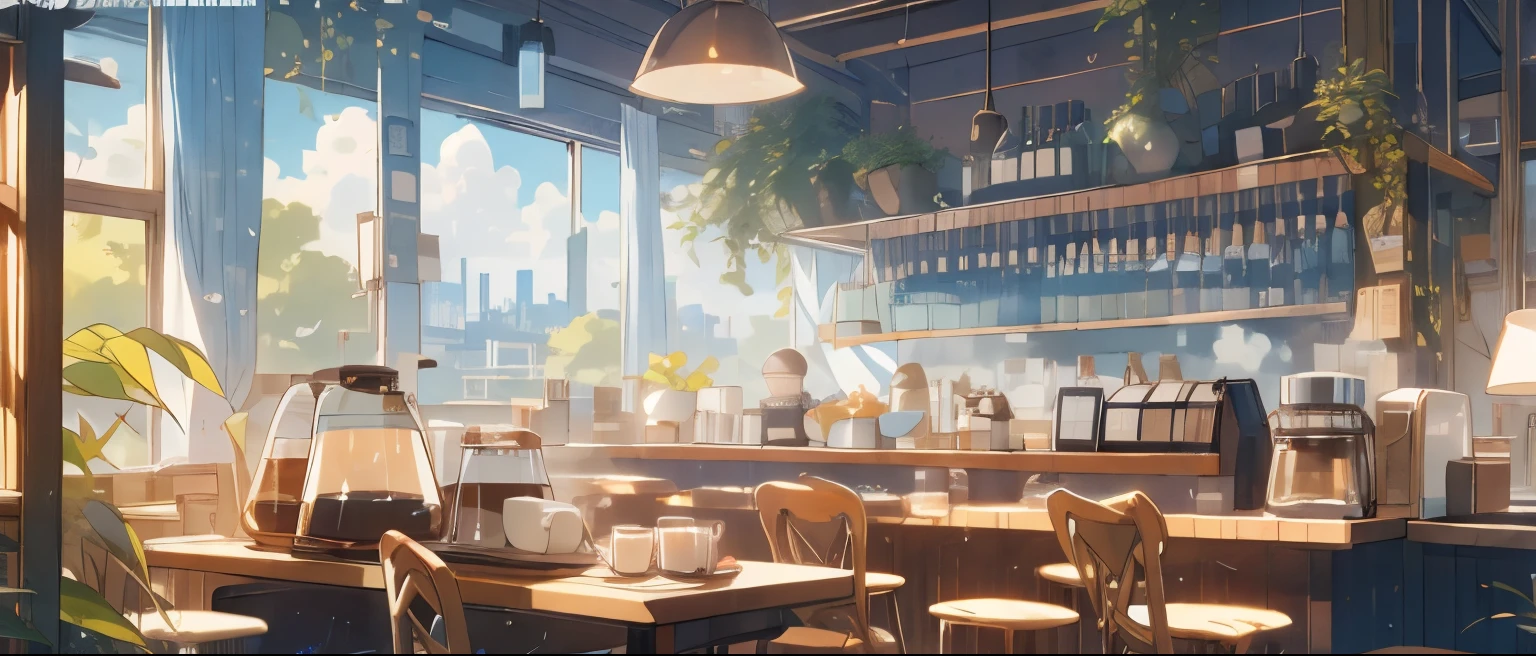 (masterpiece:1.2), best quality,PIXIV,cozy animation scenes, scenery, cityscape, city, window, cloud, sky, food, indoors, computer, book, pillow, chair, cake, monitor, cup, plate, skyline, lying, Imagine yourself stepping into a cozy cafe, where the scent of freshly brewed coffee wafts through the air, and soft jazz music plays in the background. Describe the warm ambiance of this inviting space, where comfortable armchairs beckon you to sink in and unwind with a good book or catch up with a friend over a steaming cup of your favorite brew.  the soothing atmosphere, the friendly chatter of patrons, and the gentle glow of warm lighting that envelops you in a sense of tranquility and comfort. A person is brewing coffee meanwhile the other chatting with their friends