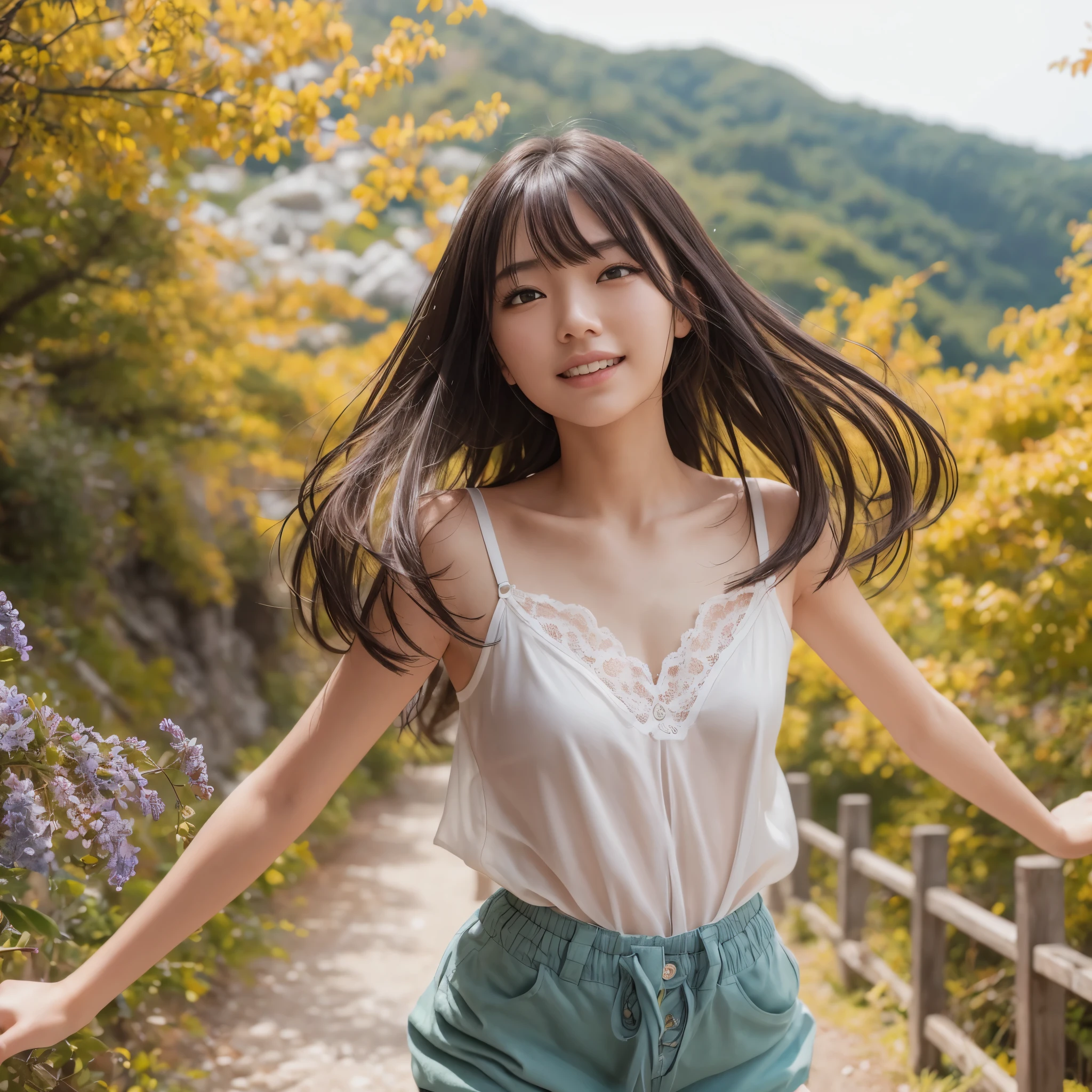 (((nsfw))), (RAW Photos:1.2), (Realistic), Beautiful detailed girl, Very detailedな目と顔, Narrow and beautiful eyes, Large file size, High resolution, Very detailed, highest quality, [Tabletop:1.6], shape, Very detailed, The finer details, highest quality, 8k wallpaper, Cinema Lighting, 15 year old Japanese girl, Early summer hiking, Active figure, Jumping happily a little, In underwear,Pose with outstretched hands,  White bra visible, White panties are visible, Short Hair, Slender body, Young Face, Small breasts, Exposed underwear,  In underwearでハイキングする女性, A hiking trail with beautiful fresh green trees , 
