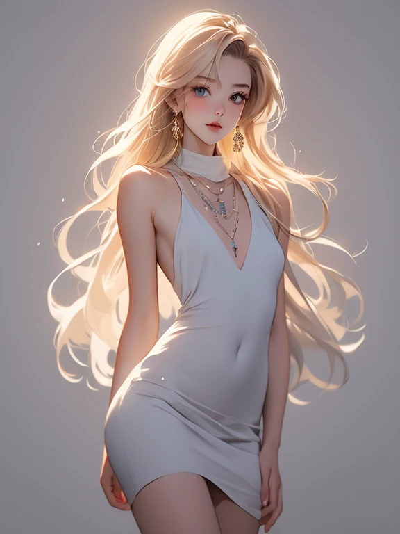 Has long blonde hair、Incredibly beautiful young femme fatale, Long Bangs, blue eyes, Wear a light summer dress. Romance. masterpiece. Full body image. Detailed drawing of the face. masterpiece, Perfect drawing, Realistic painting, full body drawing, Detailed Study, 8k. Full body image, Realistic image, Dynamic Image, Detailed Images. Highly detailed illustration, 最高品質の真のmasterpiece, Carefully drawn. Anime Style.She opens her long white slim legs through the side slits、Navel-baring look、