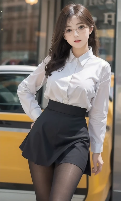 Ulzzang-6500-v1.1, (RAW Photos:1.2), (Realistic:1.4), Beautiful detailed girl, Very detailed eyes and face, Beautiful fine details, Ridiculous, incredibly Ridiculous, Large file size, Very detailed, High resolution, Very detailed, highest quality, masterpiece, ((Fashion clothing in various colors)), figure, Very detailed, CG, Unified, 8k wallpaper, wonderful, The finer details, masterpiece ,highest quality, Very detailed CG uniform 8k wallpaper, Light on the face, Cinema Lighting, One girl, 16 years old, Long white hair, Side Split, (Big Breasts), (No pants)), (Glasses), ((Dynamic pose))), ((Sexy pose))), (Camel Toe), (half), (pantyhose)), ((Black hip skirt))