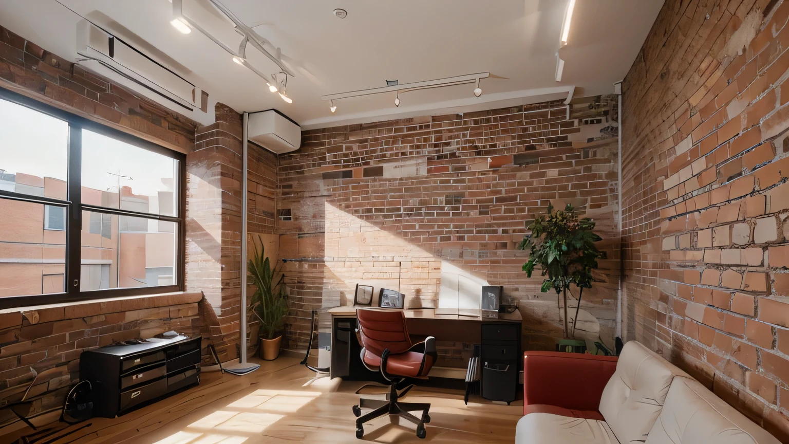 /imagine prompt: A beautiful modern architect's office featuring red brick walls and nice lighting, sleek, minimalist, contemporary, daylight, Nikon D850, 50mm F1.8 lens, mid-shot, --style raw --stylize 100 --ar 16:9 --v 6