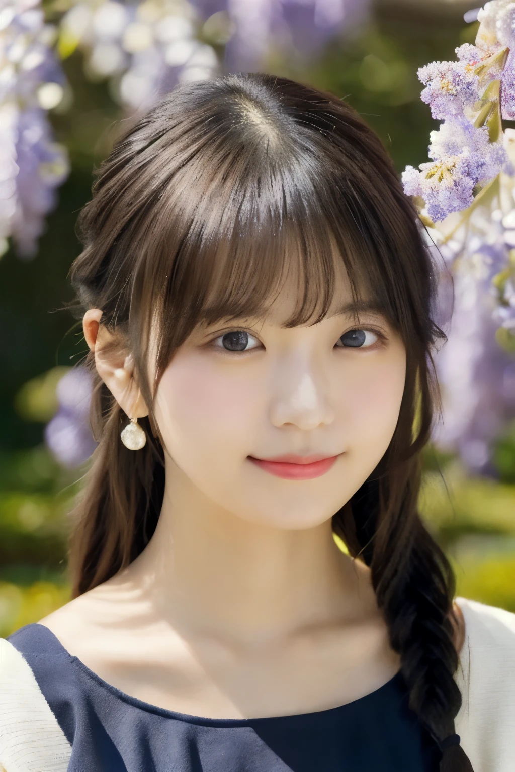 masterpiece, highest quality, 非常に繊細でbeautiful girl,非常に繊細でbeautiful, world masterpiece theater, Very detailedな, Very detailedな, highest quality, Blonde, High resolution, Very detailed,One girl, highest quality, figure, View your viewers, material, canvas, oil, Genuineistic, Genuineist ,Genuine,Real、live-action、cute, ultra-Detailed Chest, figure, Complex, Detailed Chest, extremely Detailed Chest, Detailed Chest face, Soft Light, Soft Light, Soft Focus , Perfect Face, beautiful, Accurate anatomy, Exposure, 8K, 4K, (High resolution: 1.1), highest quality, (Mastepiece: 1.3), One 17-year-old girl, alone, jewelry, Brown eyes , Watching the audience, Earrings, Gray Hair, bangs, choker, Closed Mouth, Portrait photography, Watching, hair ornaments, Simple background, Gray background, Long Hair, Headrest, New Lips, hair braids, black choker, Ponytail hairstyle, Spring in the park、Colorful flower bokeh、smile、Happy smile、LOL、Lots of wisteria flowers、Pupil Focus