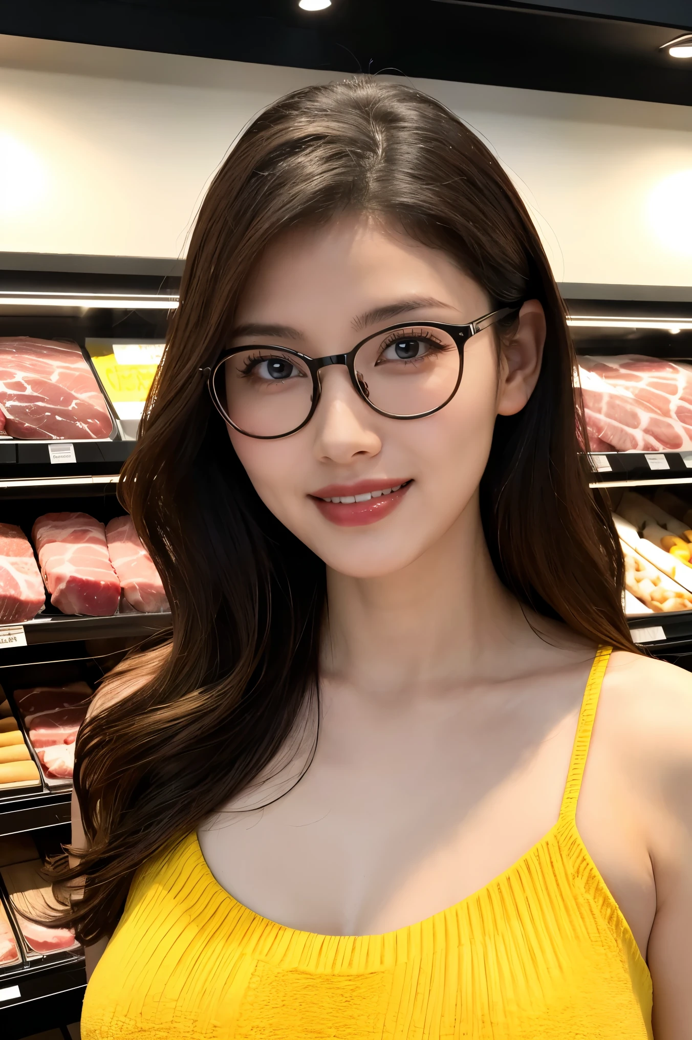 (highest quality、masterpiece、8k、Best image quality、Hyperrealism、Award-winning works)、(1 45 year old mature woman:1.2)、(45 year old mature woman:1.2)、(Wrinkled face:1.1)、(Slender body:1.1)、(Big Breasts:1.2)、The most elegant long wavy hairstyles、(Accentuate your body lines:1.1)、(Tight sleeveless knitwear:1.2)、(Damaged Denim Shorts:1.1)、(Standing Elegantly:1.2)、(Meat specialty store:1.1)、(Strongly blurred background:1.2)、The most natural and perfect meat specialty store、Meat is sold in bulk、The most natural interior, Perfectly organized、(Shelves full of meat:1.1)、(There is a lot of meat lined up:1.1)、(Beautiful skin that shines Very brightly:1.4)、(Very bright:1.4)、walk gracefully down the aisle、The best smile when he sees me、Upper body photo、Accurate anatomy、Big Breasts、Accentuate your body lines、Perfect Makeup、Long eyelashes、Bright lipstick、Beautiful glossy lips、Ultra-high resolution glossy skin、Ultra-high resolution, Glowing Skin、Ultra-high resolutionの光沢のある唇、(Ultra-high resolution beautiful teeth:1.1)、(Elegant round glasses:1.1)