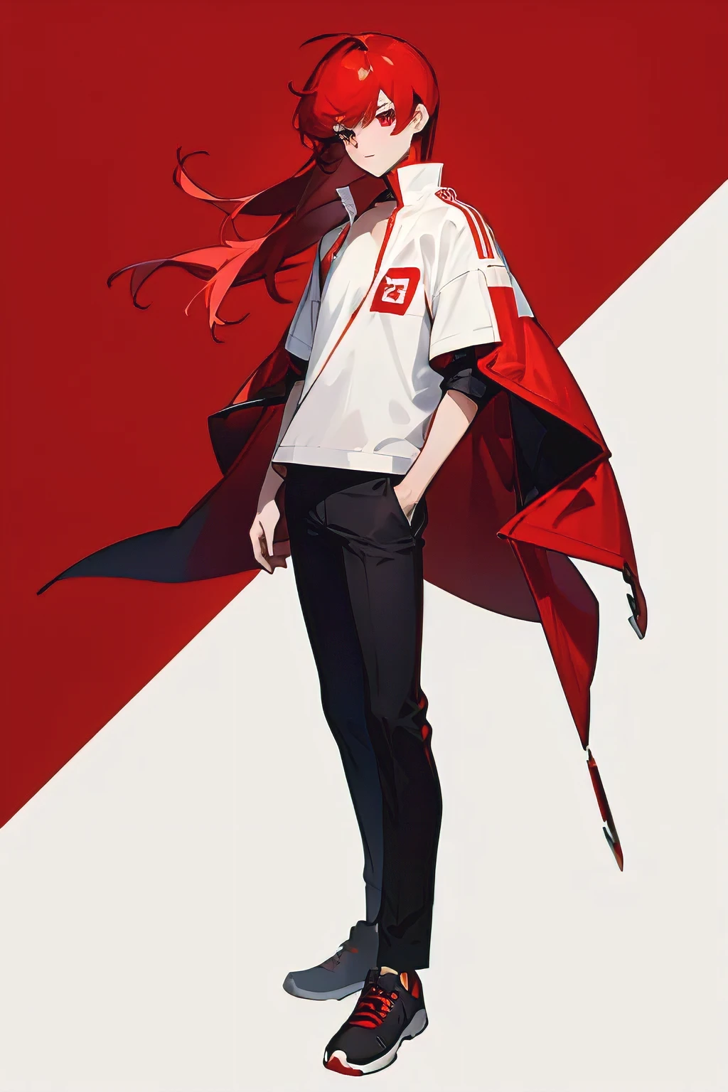 a full body standing hot boy with red hair and a long bangs on his both sides. he has a sharp red eyes. he wears a red t-shirt and a white jacket on it. he wears a black trousers