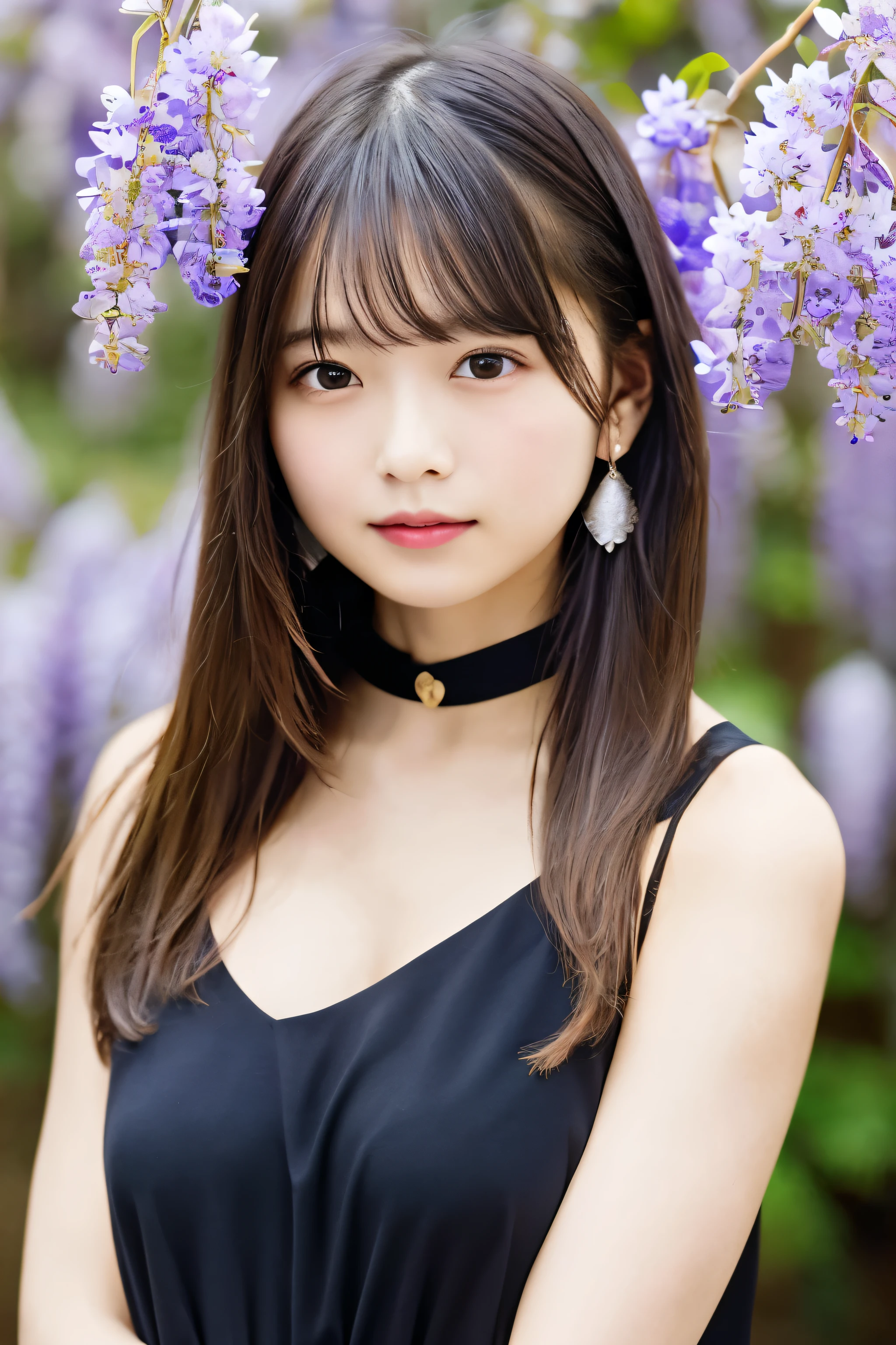 masterpiece, highest quality, 非常に繊細でbeautiful girl,非常に繊細でbeautiful, world masterpiece theater, Very detailedな, Very detailedな, highest quality, Blonde, High resolution, Very detailed,One girl, highest quality, figure, View your viewers, material, canvas, oil, Genuineistic, Genuineist ,Genuine,Real、live-action、cute, ultra-Detailed Chest, figure, Complex, Detailed Chest, extremely Detailed Chest, Detailed Chest face, Soft Light, Soft Light, Soft Focus , Perfect Face, beautiful, Accurate anatomy, Exposure, 8K, 4K, (High resolution: 1.1), highest quality, (Mastepiece: 1.3), One 17-year-old girl, alone, jewelry, Brown eyes , Watching the audience, Earrings, Gray Hair, bangs, choker, Closed Mouth, Portrait photography, Watching, hair ornaments, Simple background, Gray background, Long Hair, Headrest, New Lips, hair braids, black choker, Ponytail hairstyle, Spring in the park、Colorful flower bokeh、smile、Happy smile、LOL、Lots of wisteria flowers、Pupil Focus、From the waist to the upper body