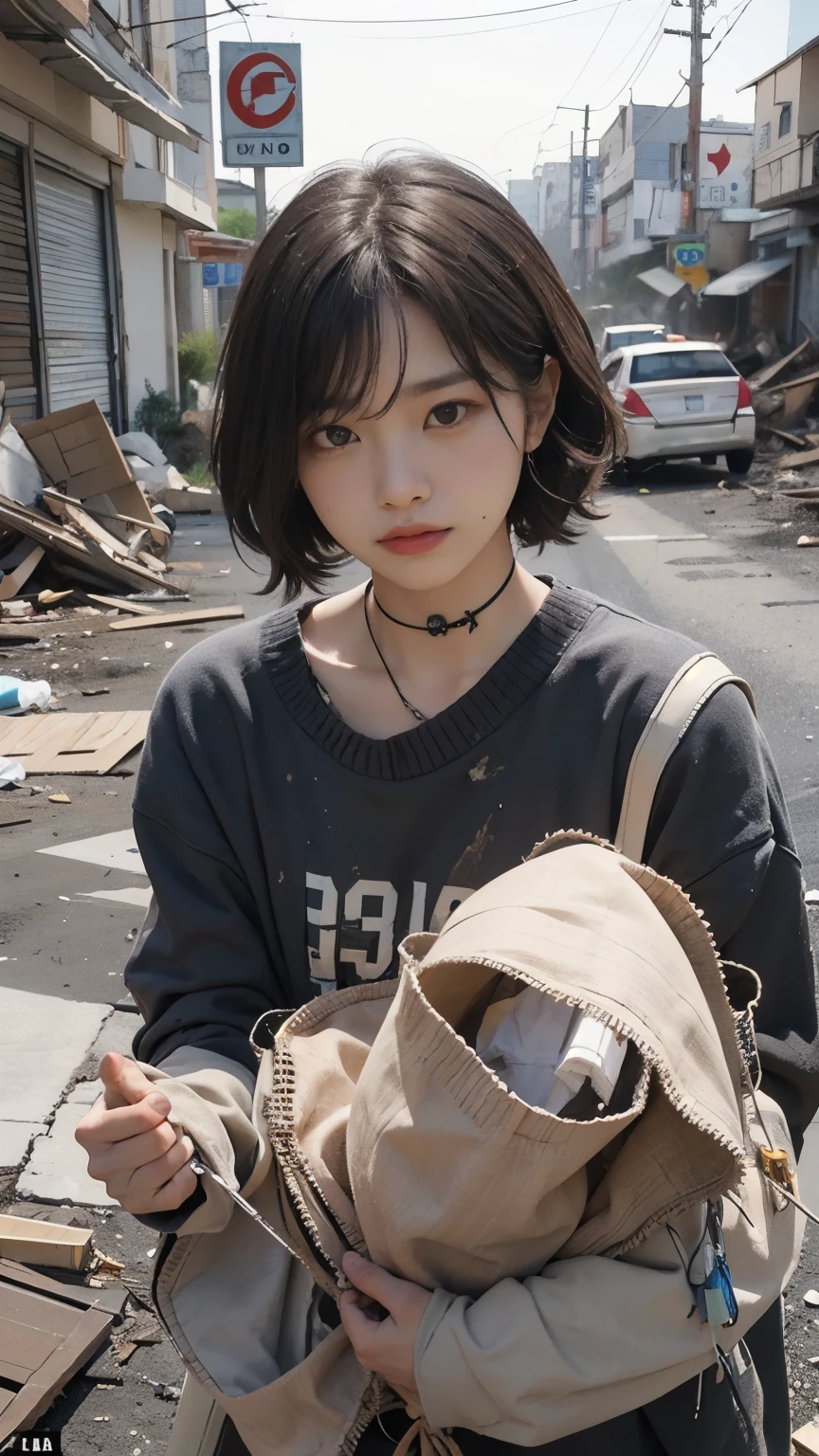 Bobcut,Perfect thumbs up,20-year-old,(((Homeless))),Marks of being beaten,Full of trash,Korean women,Pitch black,Tattered clothes,((( in a destroyed city,Oil,Mud stains,shit,dirty))),(((Frowning,カメラをGlaring))),((((Rubble pile))),After the disaster,Very fine eye, (((He&#39;s wearing a tattered and dirty black hoodie.,Wearing ripped pants))),(((Collapsing Building))),(((Tragic))),((photograph)),(((Fabric Shading))), (((highest quality))), (((masterpiece))) strong girl, ((((Realistic)))),,Black Hair, chic hairstyle, ((With bangs,ストレートミディアムBobcut, nice hair)), Light makeup,Red eyes, (((I&#39;m not wearing lipstick))), (nice, strong), (((Strong night atmosphere))), Centered Images, Looking at the camera, Elegant colors,Realistic Skin,Realistic texture,８k,whole body,Pale skin,Red iris,Expressionless,Glaring,Perfect Face,(((Big eyes))),