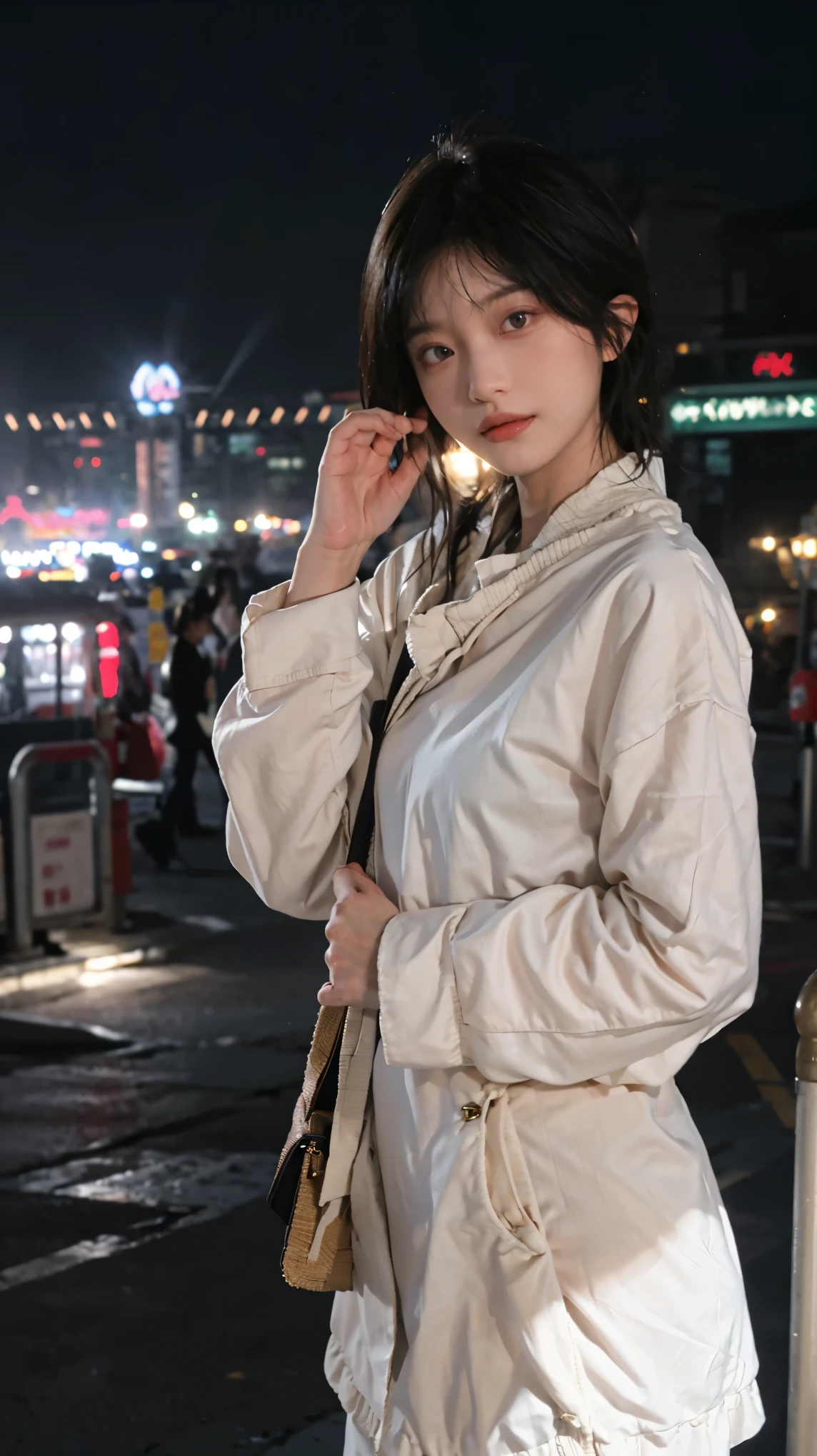 (8k, highest quality, masterpiece: 1.4), Super detailed, highest quality, Ultra-high resolution, Depth of written boundary,Ultra-Realistic Capture,(Very detailed,High definition 16K), Realistic eyes, Beautiful fine details, (Realistic Skin), Golden Ratio, Delicate eyes, cute, girl, short hair, Pink Hair, Standing in the middle of the city, (Daytime lights:1.4), skyscraper, Face Light(illumination), In the heart of the city, Bustling, Street, In the crowd, Miyuki, Heavenly Light, Theme park