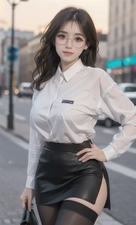Ulzzang-6500-v1.1, (RAW Photos:1.2), (Realistic:1.4), Beautiful detailed girl, Very detailed eyes and face, Beautiful fine details, Ridiculous, incredibly Ridiculous, Large file size, Very detailed, High resolution, Very detailed, highest quality, masterpiece, ((Fashion clothing in various colors)), figure, Very detailed, CG, Unified, 8k wallpaper, wonderful, The finer details, masterpiece ,highest quality, Very detailed CG uniform 8k wallpaper, Light on the face, Cinema Lighting, One girl, 16 years old, Long white hair, Side Split, (Big Breasts), (No pants)), (Glasses), ((Dynamic pose))), ((Sexy pose))), (Camel Toe), (half), (pantyhose)), ((Black hip skirt))