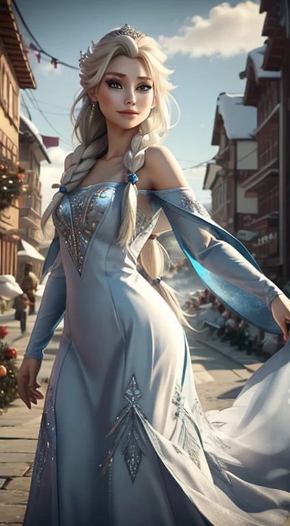 Generate an realistic image of Elsa from Frozen, real character Frozen elsa, dressed in modern fashion for a New Year's . HDR 8K texture dress, visual render Elsa, Elsa should be wearing a red, delicate long dress , along with a New Year's santa hat. The dress should be stylish and suitable for a princess. New Year's dress with real feathers and tassels