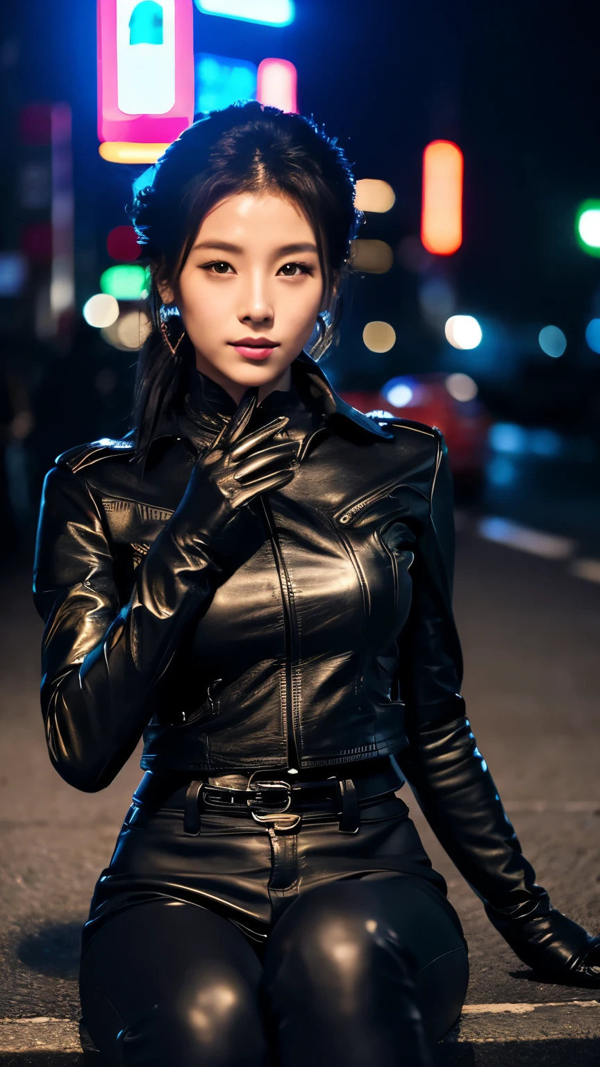 black leather rider jacket, Office in the Dark, Black leather gloved fingertips on both hands,Wearing black leather gloves,Sitting in a black leather chair、 Japanese female new recruits (Black leather gloves cover both hands) (The angle is horizontal)、Black Leather Pants,Black Leather Black Leather Pants,Black Leather Skinny Pants、Long black leather boots on both feet、Black hair ponytail ((He wears black leather gloves on his hands))Full Body Photo,full body shot full body full body leather suit,☺If you turn in this direction。Wearing black leather gloves,Wearing black leather gloves,Wearing black leather gloves,Wearing black leather gloves,Wearing black leather gloves,Wearing black leather gloves,黒のレザーパンツが美しい😍黒のレザーパンツが美しい😍黒のレザーパンツが美しい,😍Smiling while looking at me,City lights、((Neon Cyberpunk City Street:1.3))、(Neon Light)、Detailed lighting、

Best image quality、Ultra-high resolution、(realism:1.4)、Korean Beauty Star、The most beautiful KPOP stars、face、Horny Korean Makeup、A body that makes you want to touch it、Realistic leather texture、Costume made of smooth leather fabric、The drape of the curved parts of the leather fabric、The costume is very shiny、Quality of the costume、8K Photo Quality