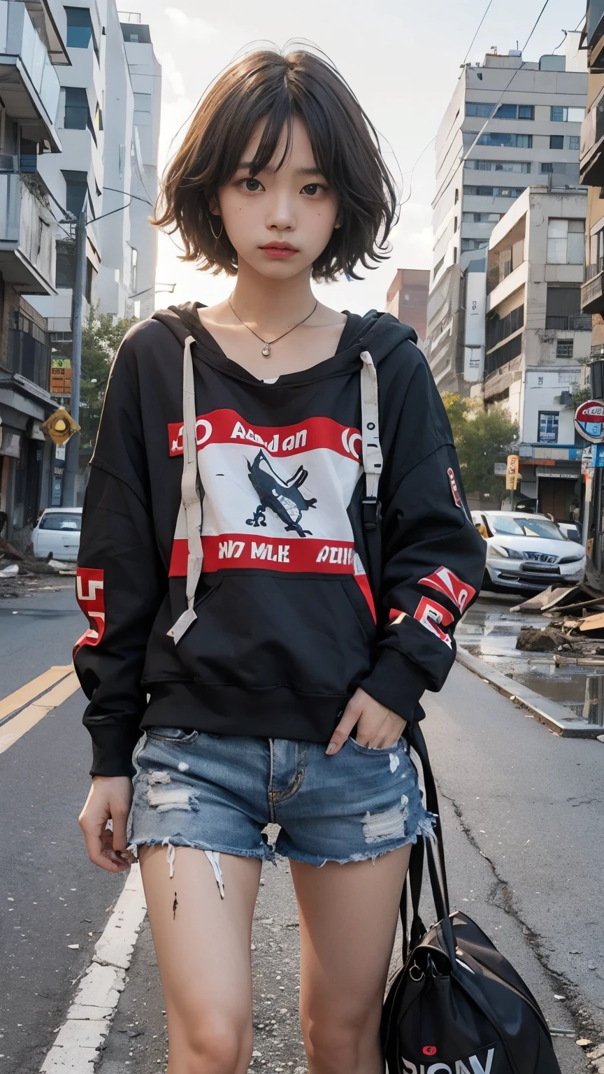 Bobcut,Begging in the downtown area,20-year-old,(((Homeless))),Bad complexion,Full of trash,Korean women,Pitch black,Tattered clothes,((( in a destroyed city,Oil,Mud stains,shit,dirty))),(((Frowning,カメラをGlaring))),((((Rubble pile))),After the disaster,Very fine eye, (((He's wearing a tattered and dirty black hoodie.,Wearing ripped pants))),(((Collapsing Building))),(((Tragic))),((photograph)),(((Fabric Shading))), (((highest quality))), (((masterpiece))) strong girl, ((((Realistic)))),,Black Hair, chic hairstyle, ((With bangs,ストレートミディアムBobcut, nice hair)), Light makeup,Red eyes, (((I'm not wearing lipstick))), (nice, strong), (((Strong night atmosphere))), Centered Images, Looking at the camera, Elegant colors,Realistic Skin,Realistic texture,8k,whole body,Pale skin,Red iris,Expressionless,Glaring,Perfect Face,(((Big eyes))),Holding a blank board