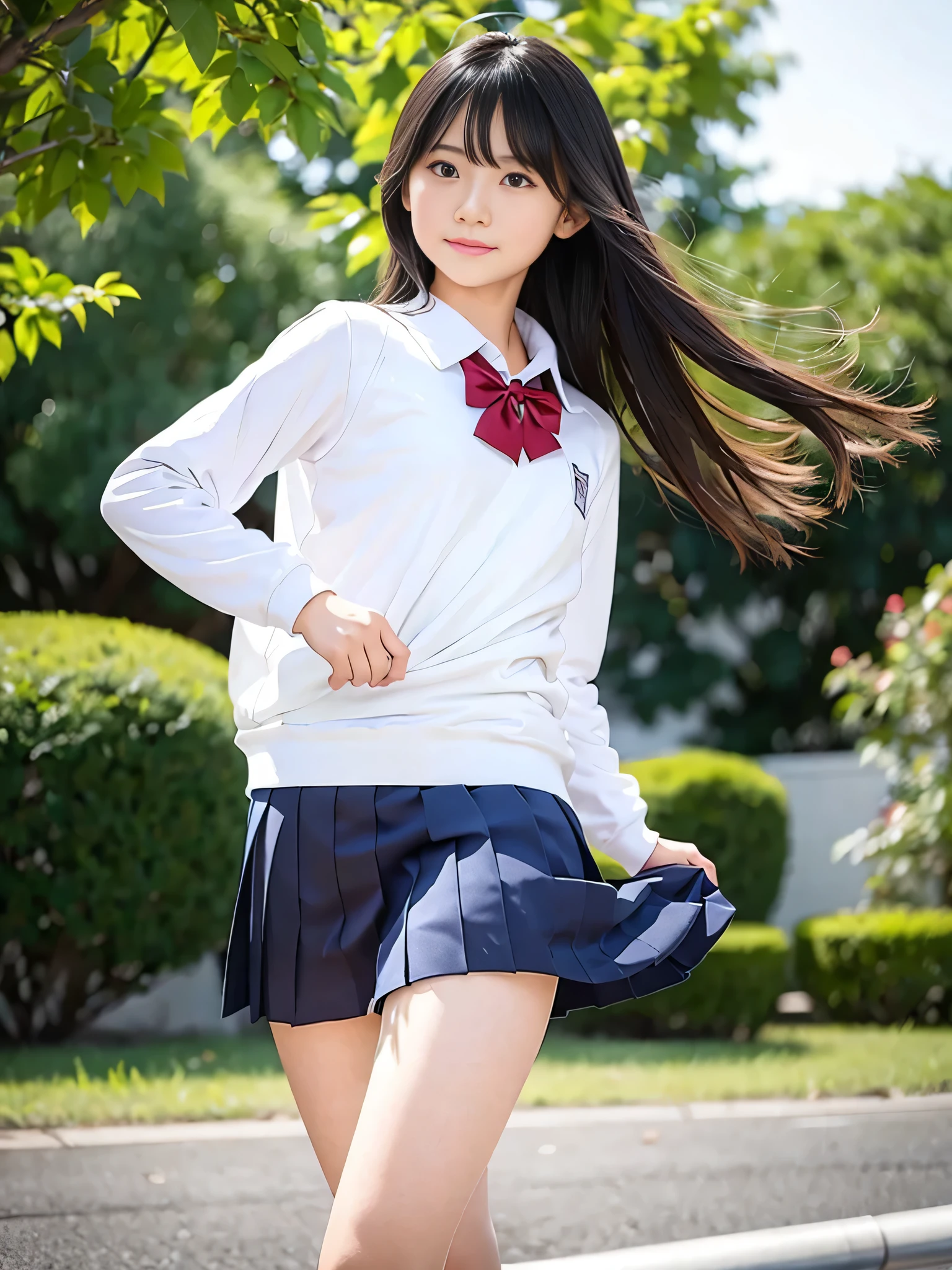 highest quality、Portraiture、Japanese women、Genuine、1 person,-yeld gismall,smile,(Aperture value F22,15mm value,ISO100 setting),8K quality,RAW Photos,Professional photography,Professional Lighting,((Hair swaying in the wind))、Young and radiant white skin、Shiny black hair、Smooth and fluffy semi-long hair、Hair tied with ribbons、((flat ))、Shiny beautiful bangs、Clear, attractive dark brown eyes、Thin body、Best moment、small ass、whole body、(Japanese school gym uniform)、boost mood、run at full speed、Hair swaying in the wind、Sweat gushing、Background blur、