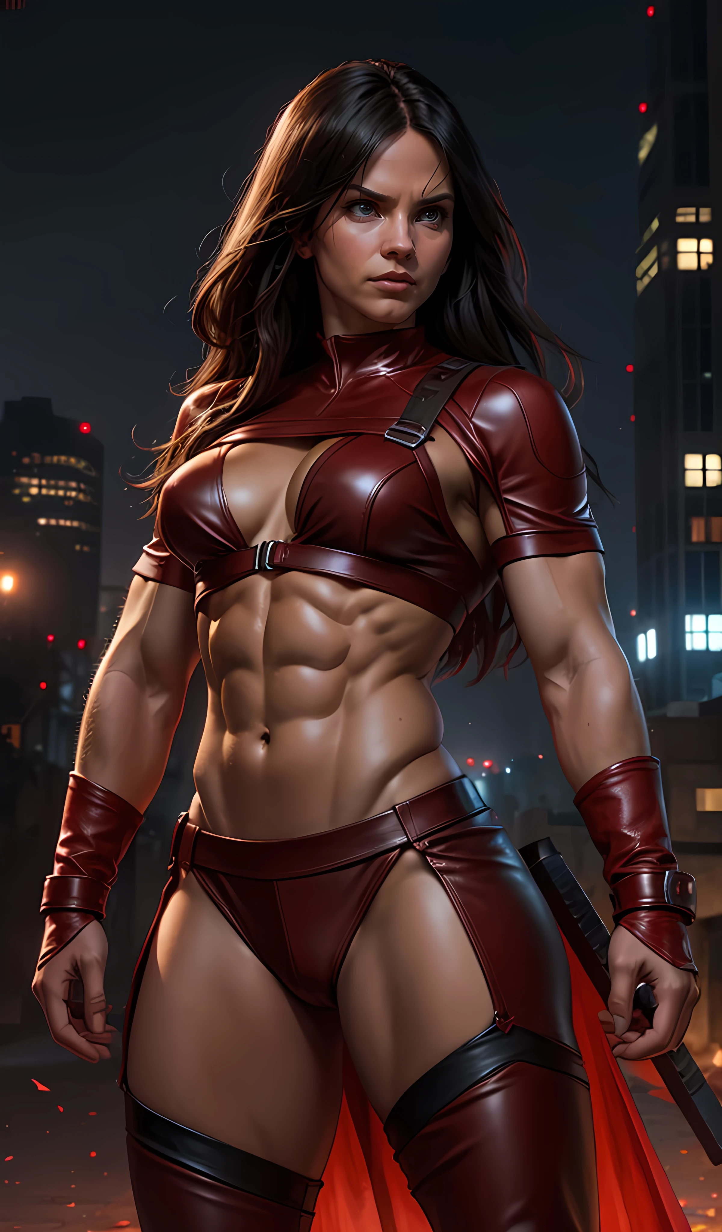 Elektra Marvel, wearing a red ninja leather uniform, super strong, muscular, ABS, 35mm lens, photography, ultra details, HDR, UHD,8K