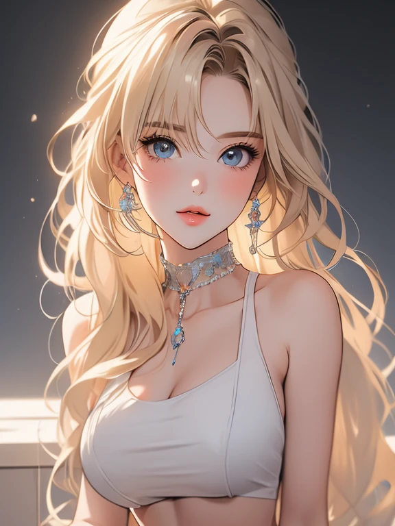 Has long blonde hair、Incredibly beautiful young femme fatale, Long Bangs, blue eyes, Wear a light summer dress. Romance. masterpiece. Full body image. Detailed drawing of the face. masterpiece, Perfect drawing, Realistic painting, full body drawing, Detailed Study, 8k. Full body image, Realistic image, Dynamic Image, Detailed Images. Highly detailed illustration, 最高品質の真のmasterpiece, Carefully drawn. Anime Style.She opens her long white slim legs through the side slits、Navel-baring look、Huge breasts、