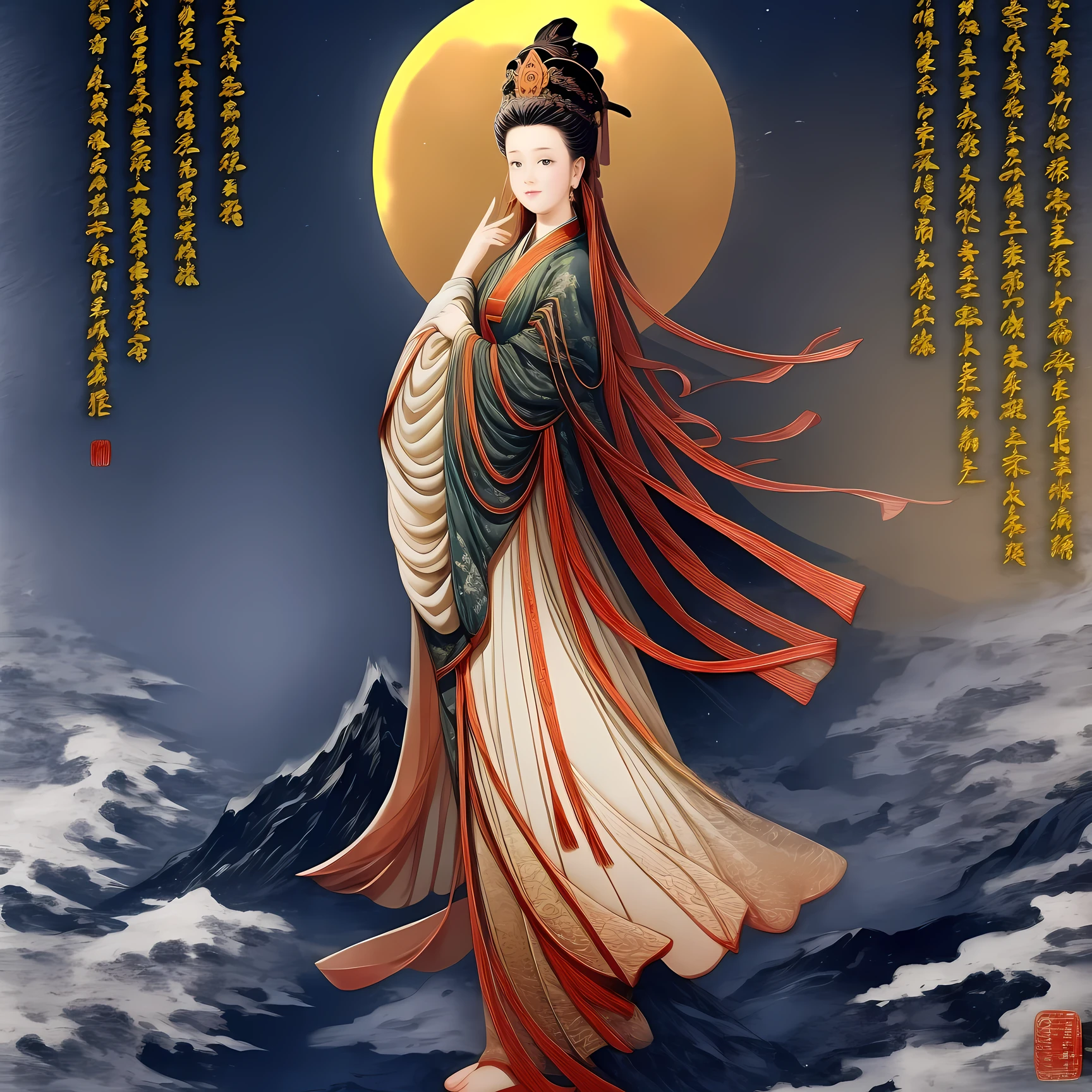 ((best quality)), ((masterpiece)),
((guanyin,1girl)),mountain, full moon,hanfu,dress,chinese clothes,(chinese text,  text focus,wall of text),