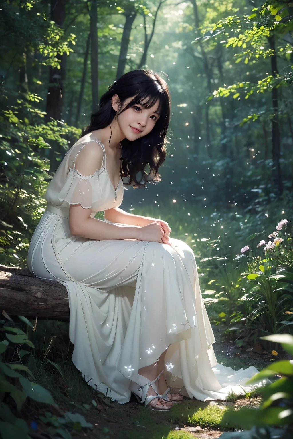 (masterpiece), manga style, soft lights, ethereal, magical looking, a candid looking woman with soft curly black hair, brown eyes, forest, fairytale, full body, tiny butterflies, illustration, magical, light particles, fireflies, art by Mschiffer merged with Makoto Shinkai, cute smile