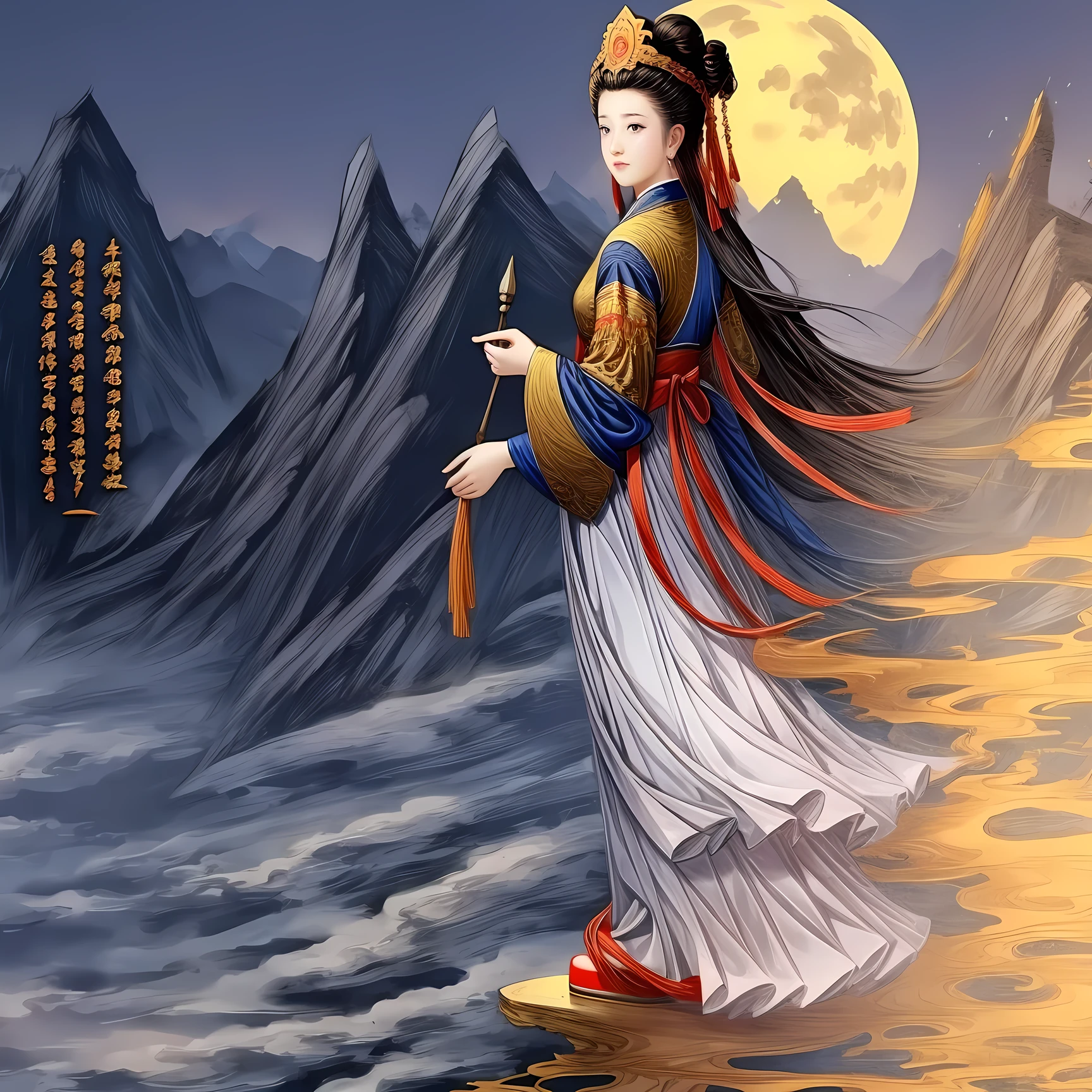 ((best quality)), ((masterpiece)),
((guanyin,1girl)),mountain, full moon,hanfu,dress,chinese clothes,(chinese text,  text focus,wall of text),