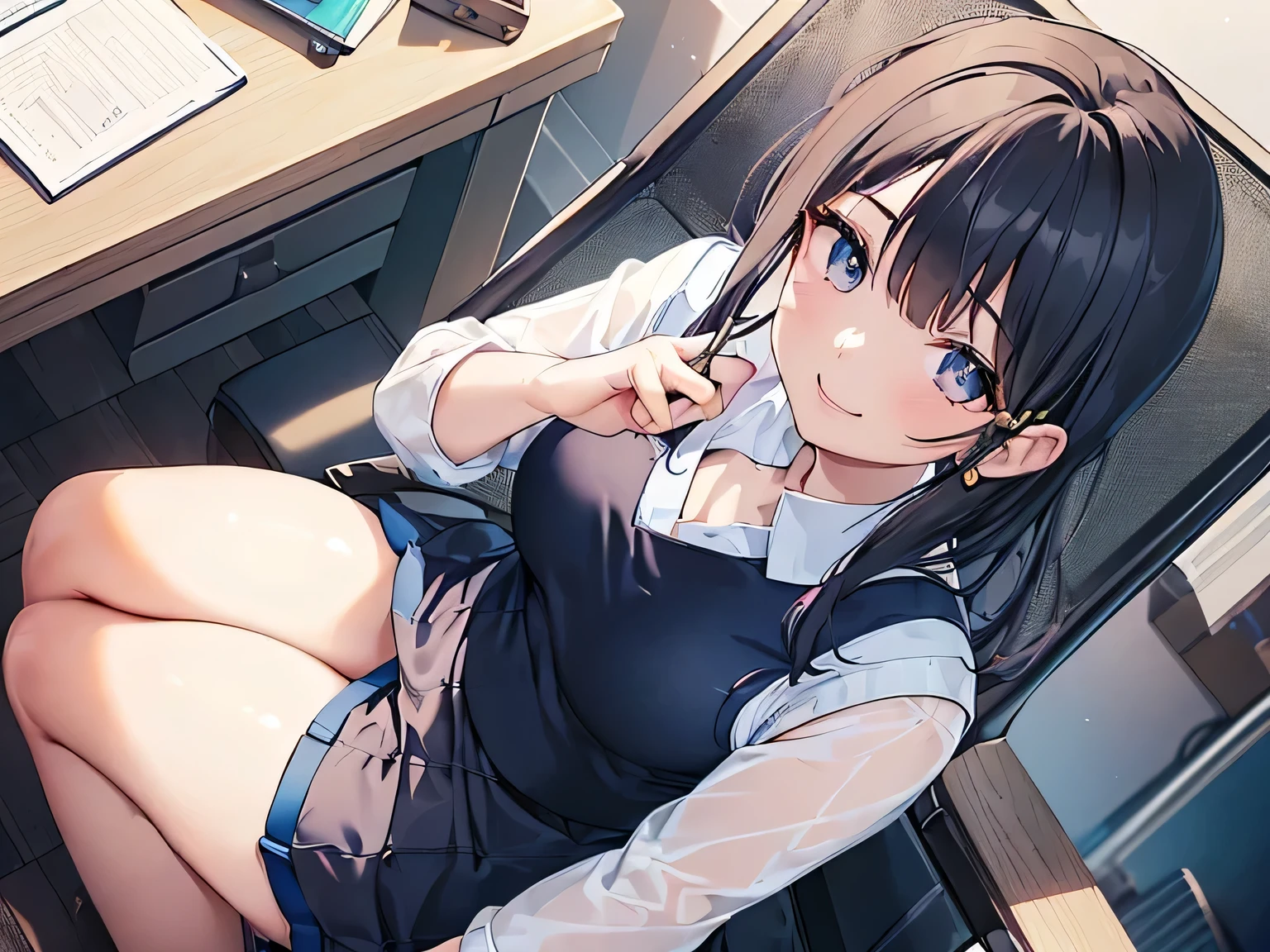 from below,nitengojigen_ririsa, purple eyes,(purple hair, short hair), bangs, short sleeves,(white shirt,Collared shirt,naked on shirt),(unbutton:1.3),navel,bow,tie,white panty,(upper body:1.3),smile,blush,sitting,(spread legs:1.3),(legs up),(cameltoe:1.3),masterpiece,Noise Reduction,perfect anatomy,high resolution, ultra-detailed, ultra-detailed face,game cg,dutch angle ,beautiful detailed eyes,visualart,five fingers, perfect hands, perfect lighting,