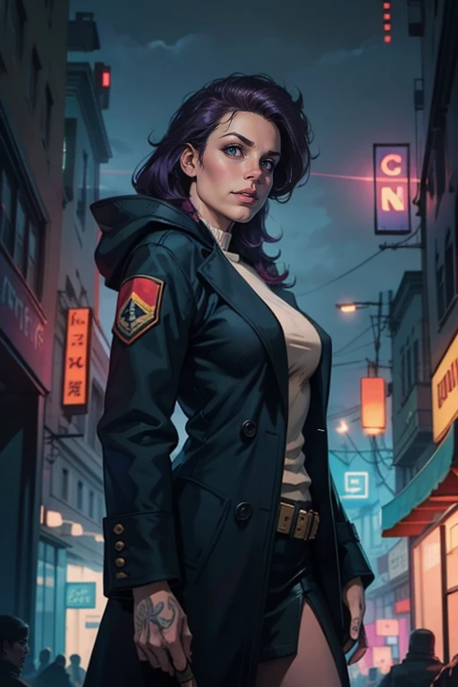 beautiful lady, (freckles), bright purple hair, blue eyes, full Bangs, noir style coat, cowboy shot, dark makeup, soft light, cyberpunk, solo, in a futuristic city