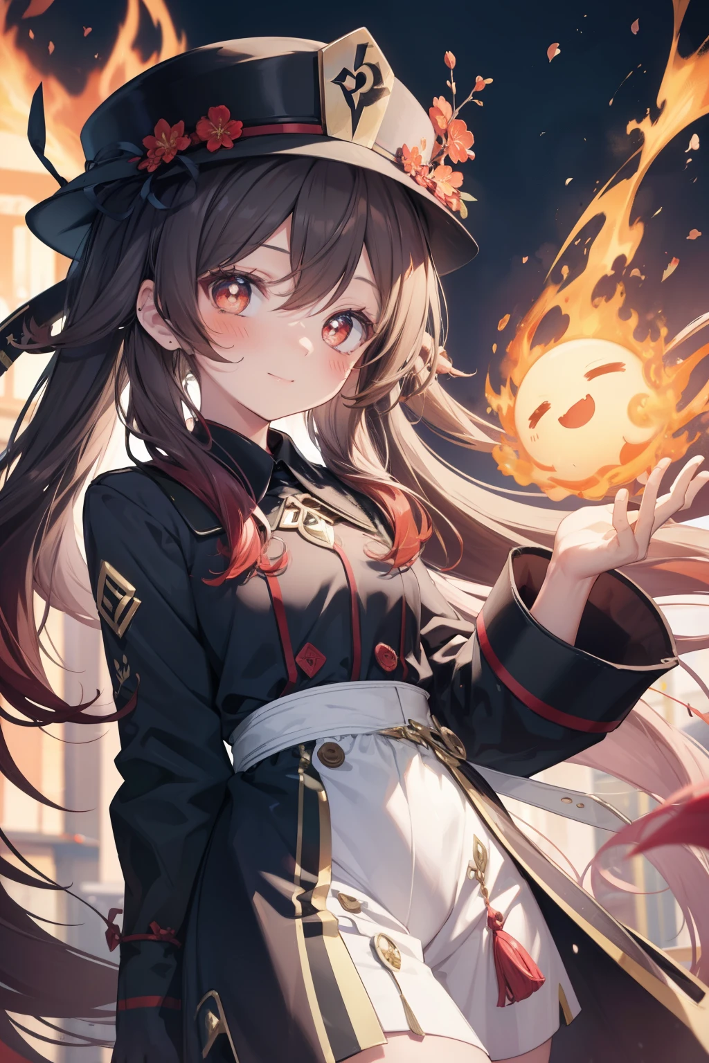 Walnuts、Good looking girl (blush, Perfect Face), independent , Looking at the camera, masterpiece, Anime art style, Cute Characters, Most detailed, high quality、Nico Nico Smile、There are highlights in the eyes、Wear a hat、Long Hair、Use fire magic、Fighting