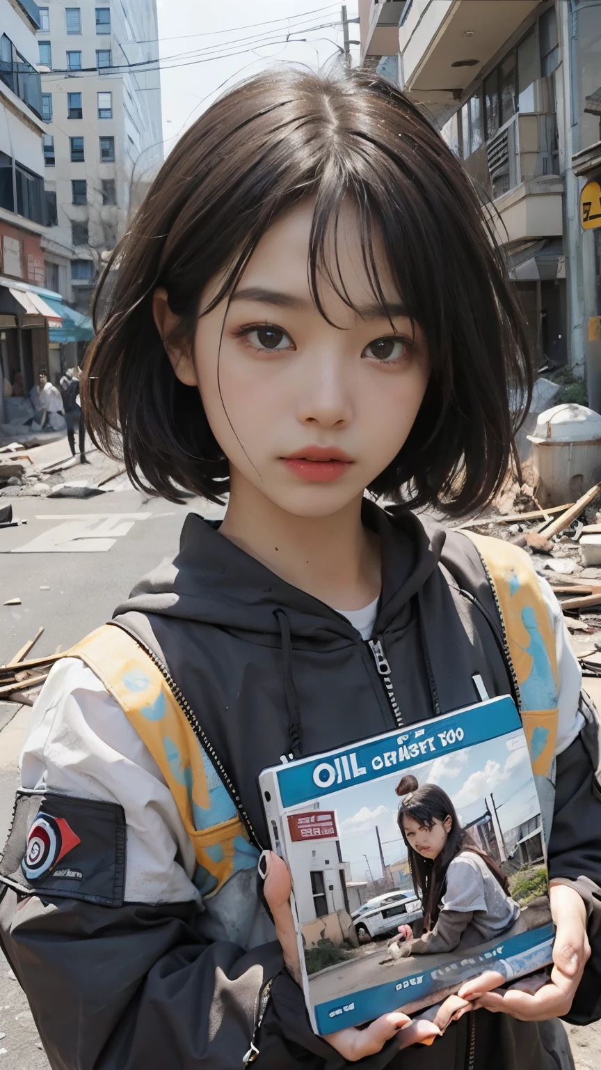 Bobcut,((Begging in the downtown area)),23 years old,(((Homeless))),Bad complexion,Full of trash,Korean women,Pitch black,Tattered clothes,((( in a destroyed city,Oil,Mud stains,shit,dirty))),(((Frowning,カメラをGlaring))),((((Rubble pile))),After the disaster,Very fine eye, (((He&#39;s wearing a tattered and dirty black hoodie.,Wearing ripped pants))),(((Collapsing Building))),(((Tragic))),((photograph)),(((Fabric Shading))), (((highest quality))), (((masterpiece))) strong girl, ((((Realistic)))),,Black Hair, chic hairstyle, ((With bangs,ストレートミディアムBobcut, nice hair)), Light makeup,Red eyes, (((I&#39;m not wearing lipstick))), (nice, strong), (((Strong night atmosphere))), Centered Images, Looking at the camera, Elegant colors,Realistic Skin,Realistic texture,８k,whole body,Pale skin,Red iris,Expressionless,Glaring,Perfect Face,(((Big eyes))),Holding a blank board