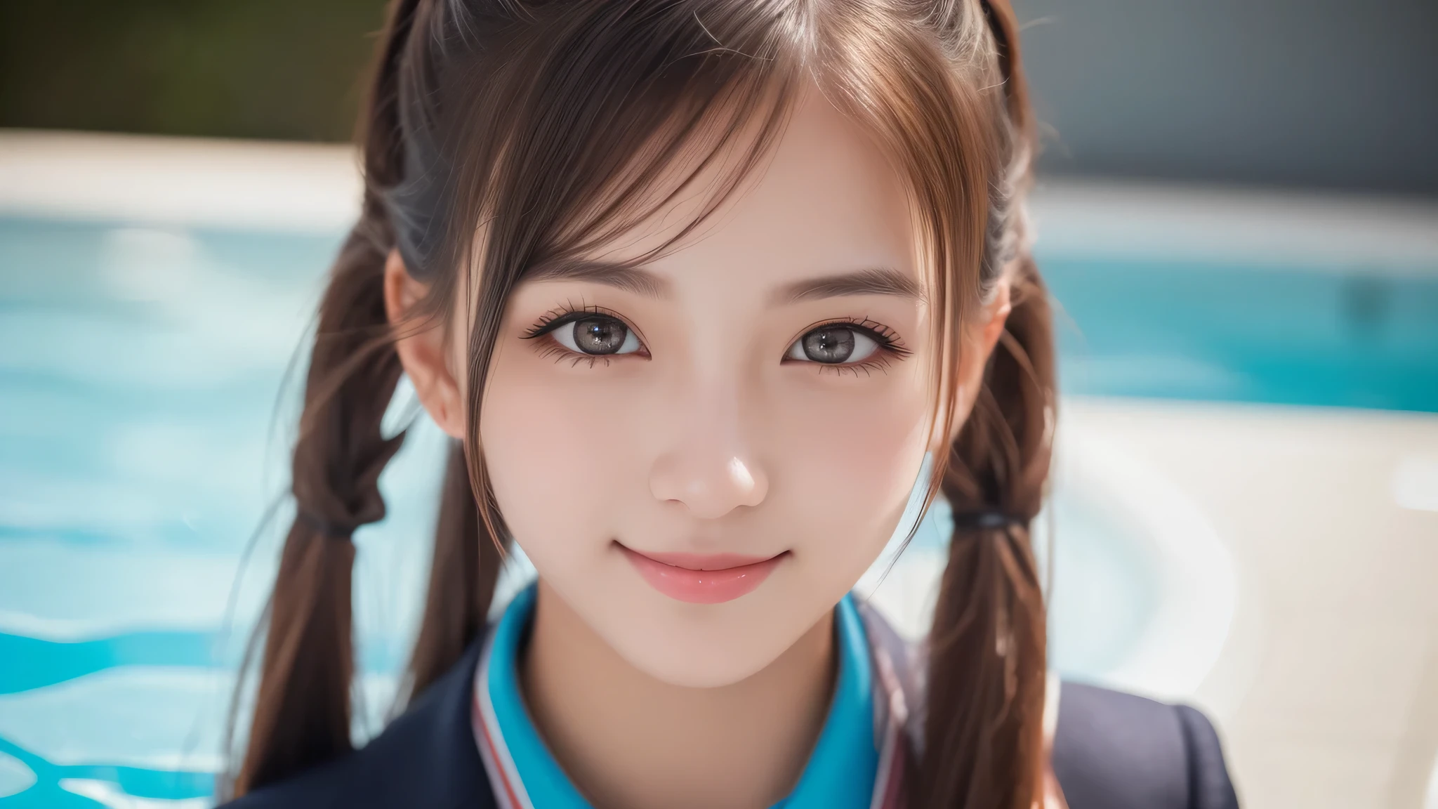 (3girl), enchanting smile, (extremely detailed beautiful face), (highly detailed eyes, highly detailed face), (Pig tails hair), (high school uniform), Fresh, very clean appearance, (best Quality:1.4), (hyper-realistic, hight resolution), Professional Photography, standing, Outdoors, Close up portrait of girl, staring at me, into the pool, (Fine face:1.2),