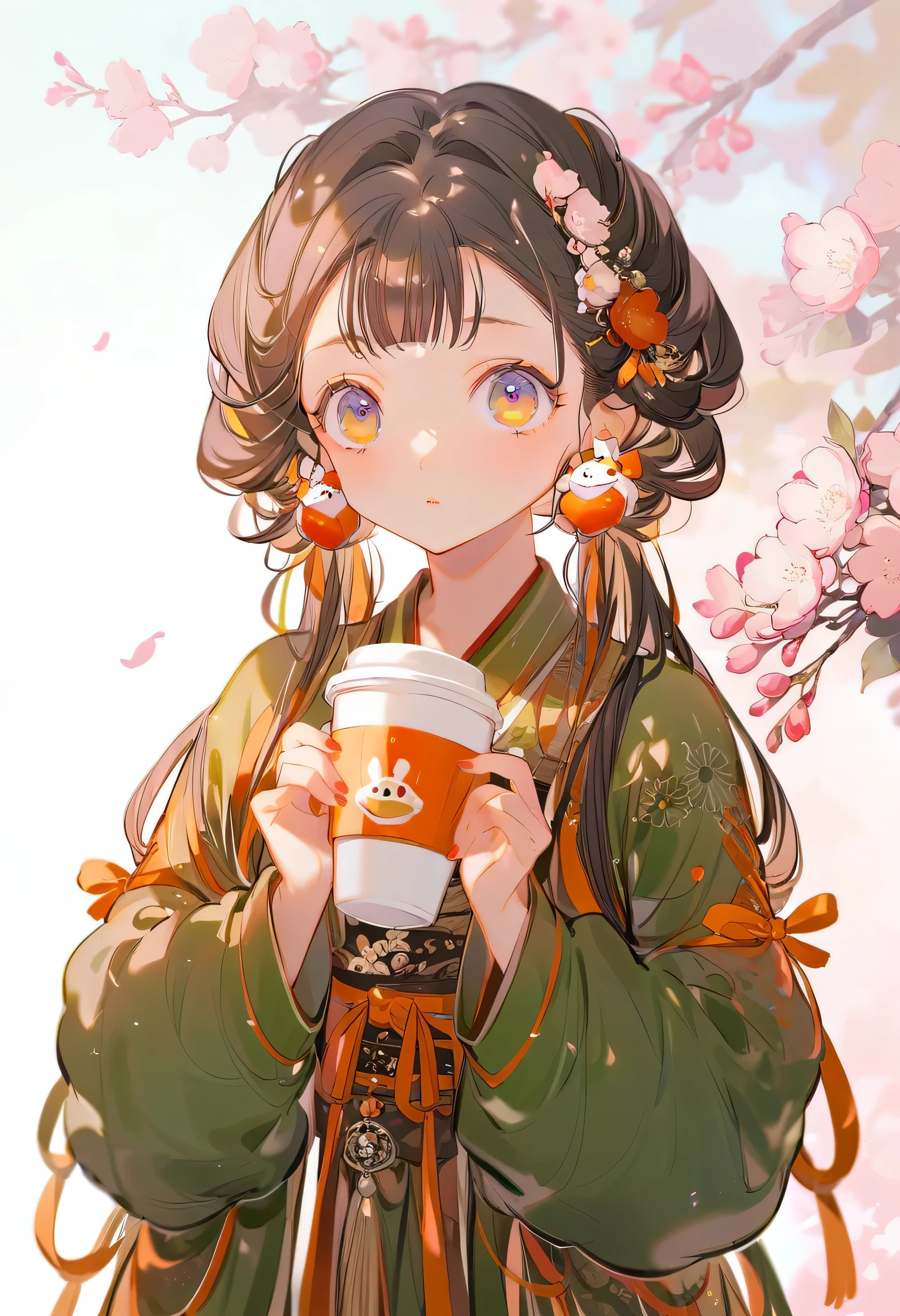A young girl holds a cup of coffee in her hands, Girl Cute - Delicate Face, Cute and natural anime face, With a cute and delicate face, Sakimi Chen, Chiho, Yoshitomo Nara, Young cute face, Beautiful Japanese girl face, Brown hair and big eyes, Cute kawaii girl, Beautiful bright big eyes