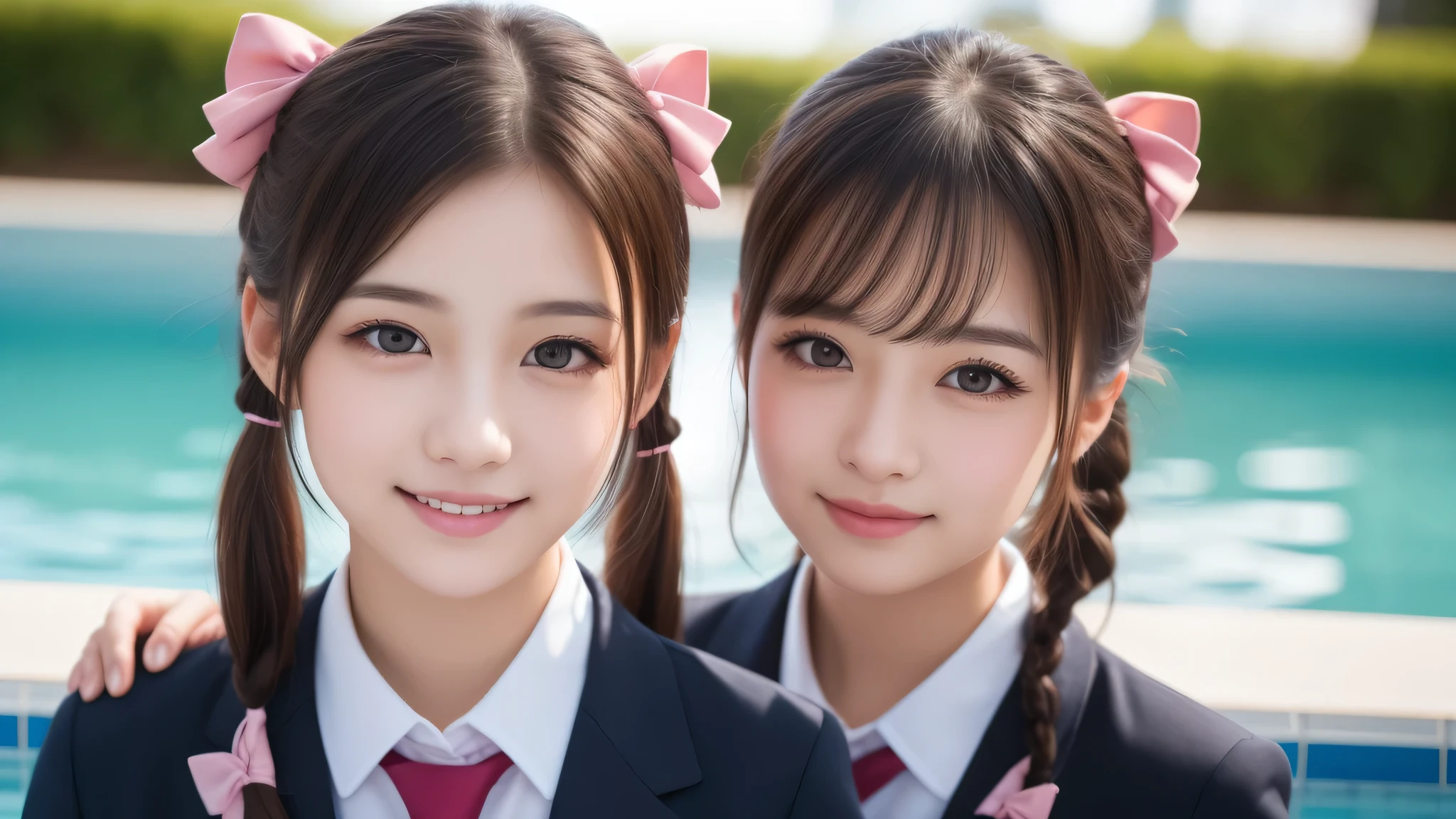 (3girl), enchanting smile, (extremely detailed beautiful face), (highly detailed eyes, highly detailed face), (Pig tails hair), (high school uniform), Fresh, very clean appearance, (best Quality:1.4), (hyper-realistic, hight resolution), Professional Photography, standing, Outdoors, Close up portrait of girl, staring at me, into the pool, (Fine face:1.2),