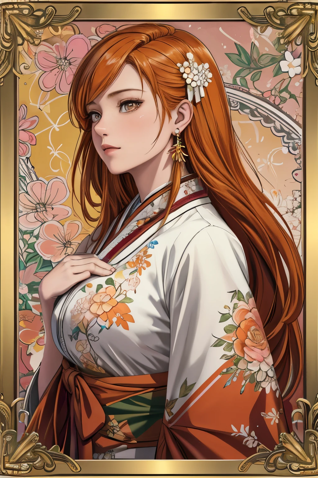 (​masterpiece, top-quality, top-quality, Official art, Beautifully Aesthetic:1.2), orange eyes, (highest quality, masterpiece painting:1.3), immature woman, ************, (half body shot), masterpiece, ultra high resolution, (((Flower frame, A lot of flowers in the frame, round frame, A beautiful girl fits into the frame))), Decorative panel, abstract art, (shot from a side angle), (Photoreal:1.0), ((orange hair)),straight hair, beautiful shining hair, white and shining skin, Painterly, sketch, Texture, 超A high resolution, solo, Beautuful Women, A highly detailed, (Fractal Art:1.1), (colourfull:1.1), (florals:1.6), The most detailed, (Zentangle:1.2), (Dynamic Poses), (Abstract background:1.3), (shinny skin), (Many colors:0.8), (earrings:1.4), (pluma:0.9), Taisho romance