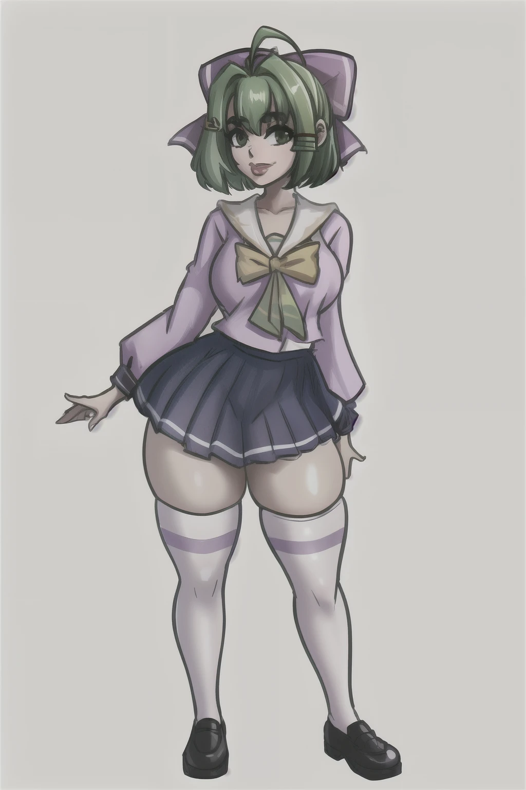 masterpiece, best quality, The Devil Deal, 1 Girl, Solitary, Short hair on thighs, Colorful hair, Lips, cosmetic, Camel toe, thick thigh, Lipstick, Wide hips, Green short hair,Green Eyes,Hair bow,Hairpin,Purple and sailor collar,Striped sailor suit,Blue pleated skirt,White socks,leather shoes,Antenna Hair,Doudou Eyebrows,Hair rope