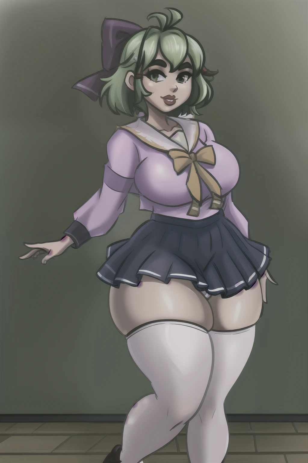 masterpiece, best quality, The Devil Deal, 1 Girl, Solitary, Short hair on thighs, Colorful hair, Lips, cosmetic, Camel toe, thick thigh, Lipstick, Wide hips, Green short hair,Green Eyes,Hair bow,Hairpin,Purple and sailor collar,Striped sailor suit,Blue pleated skirt,White socks,leather shoes,Antenna Hair,Doudou Eyebrows,Hair rope