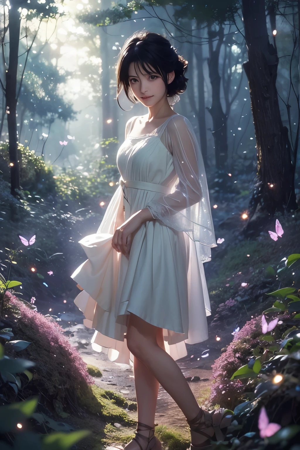 (masterpiece), manga style, soft lights, ethereal, magical looking, a candid looking woman with soft curly black hair, brown eyes, forest, fairytale, full body, tiny butterflies, illustration, magical, light particles, fireflies, art by Mschiffer merged with Makoto Shinkai, cute smile
