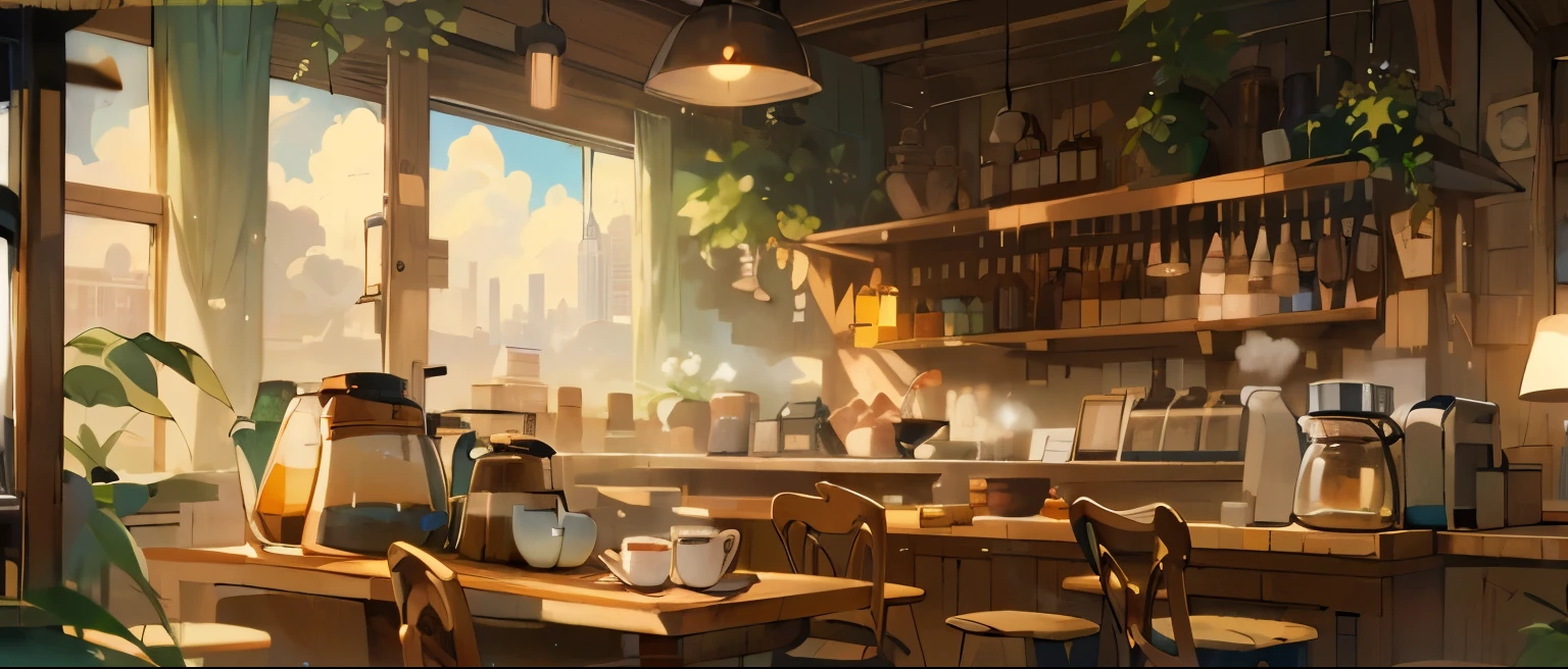 (masterpiece:1.2), best quality,PIXIV,cozy animation scenes, scenery, cityscape, city, window, cloud, sky, food, indoors, computer, book, pillow, chair, cake, monitor, cup, plate, skyline, lying, Imagine yourself stepping into a cozy cafe, where the scent of freshly brewed coffee wafts through the air, and soft jazz music plays in the background. Describe the warm ambiance of this inviting space, where comfortable armchairs beckon you to sink in and unwind with a good book or catch up with a friend over a steaming cup of your favorite brew.  the soothing atmosphere, the friendly chatter of patrons, and the gentle glow of warm lighting that envelops you in a sense of tranquility and comfort. A person is brewing coffee meanwhile the other chatting with their friends, smile、Cafe、coffee time, coffee cup、coffee、vintage,, cigarette,  Award history, 最high quality, movie lighting, Award history, 最high quality, ultra hd, ultra hd, multi view, Award history, 最high quality, high quality  , pixar, anime style, pixar, anime style, bauhaus, advanced details, advanced details, high quality  