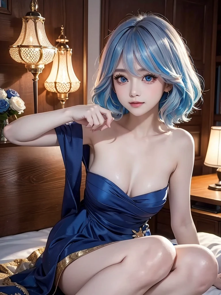 faint smile、night、original photography、(((Extremely beautiful portrait)))、((sparkling skin))、1 girl、Beautiful 18 year old girl from Prague、bright expression、((natural blue hair))、[Big blue eyes sparkle like gems]、Glowing and radiant skin、silky long curly hair、Eyeliner、beautiful bangs、hair between eyeasterpiece、top quality、Super detailed、lamp、intricate details、high resolution、8k、The content is very detailed))、background for this、8k, ultra high definition、digital SLR、soft light、high quality、film grain、Fuji XT3 、shallow view deep、natural soft light、Kamimei、（（legs are open）），（（Check）），（（legs are open）），（（Check）），
