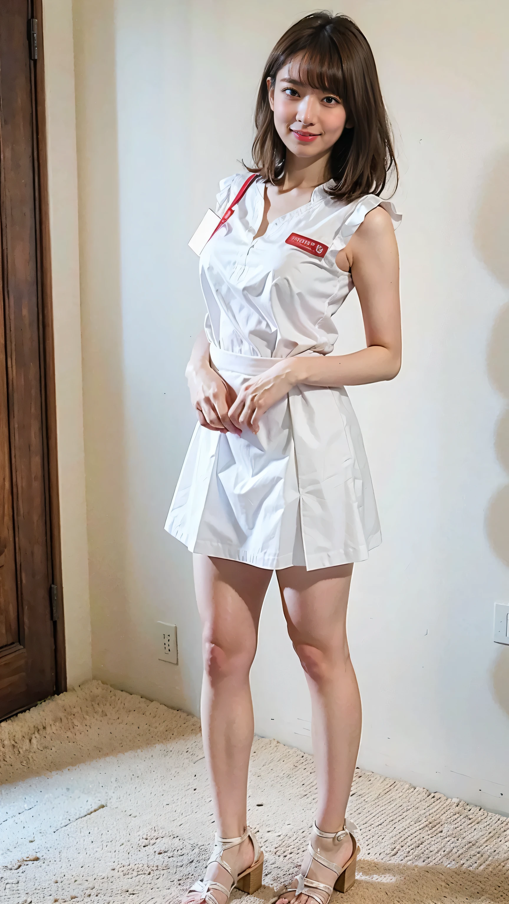 (8k、RAW Photos、highest quality、masterpiece:1.2)、(Realistic、Photorealistic)、1 girl、((White、Nurse uniform、Frilled mini skirt、Big Breasts、I can see your chest、View from the front、See-through、Sandals、Are standing、))、