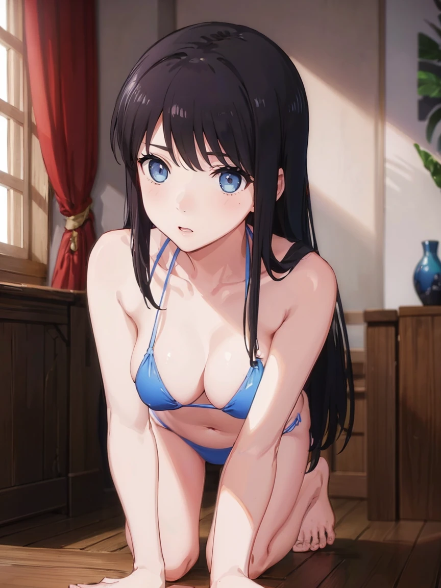 best quality, very aesthetic, Super detailed, best illustration, 1girl, おっぱい, black_hair, one-piece swimsuit, nsfｗ, pussy focus, aroused