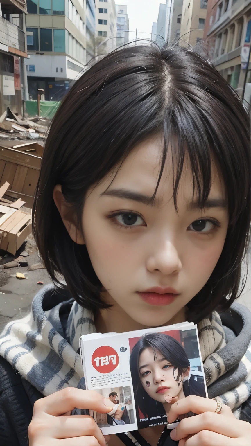 Bobcut,((Begging in the downtown area)),23 years old,(((Homeless))),Bad complexion,It smells bad,Full of trash,Korean women,Pitch black,Tattered clothes,((( in a destroyed city,Oil,Mud stains,shit,dirty))),(((Frowning,カメラをGlaring))),((((Rubble pile))),After the disaster,Very fine eye, (((He&#39;s wearing a tattered and dirty black hoodie.,Wearing ripped pants))),(((Collapsing Building))),(((Tragic))),((photograph)),(((Fabric Shading))), (((highest quality))), (((masterpiece))) strong girl, ((((Realistic)))),,Black Hair, chic hairstyle, ((With bangs,ストレートミディアムBobcut, nice hair)), Light makeup,Red eyes, (((I&#39;m not wearing lipstick))), (nice, strong), (((Strong night atmosphere))), Centered Images, Looking at the camera, Elegant colors,Realistic Skin,Realistic texture,８k,whole body,Pale skin,Red iris,Expressionless,Glaring,Perfect Face,(((Big eyes))),Holding a blank board