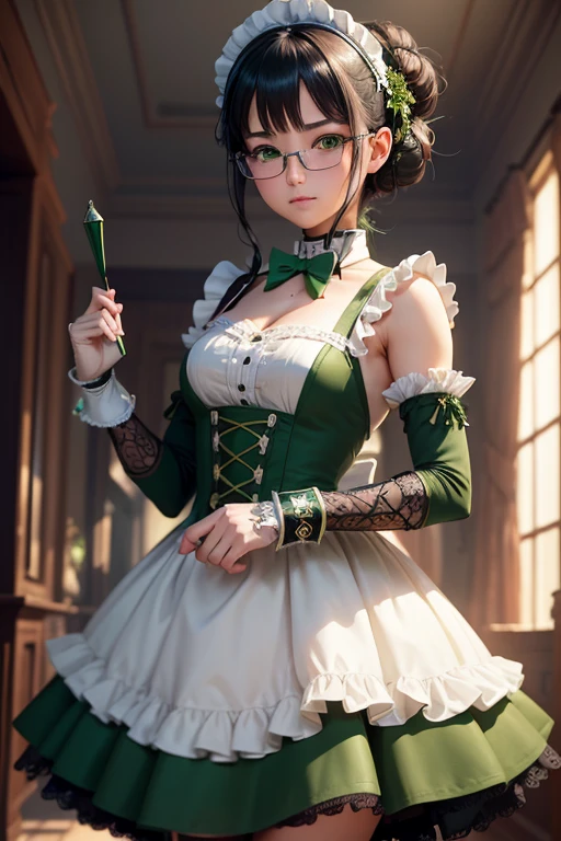 High resolution, Sharp focus, pixiv masterpiece, ((Intricate details)), Very detailed, Yuri Alpha, One girl, Black Hair, (Green wristband, Green Gauntlets, spike,:1.1) Glasses, Green Eyes, Maid, Single hair bun, dress, choker, bow tie, Maid apron,