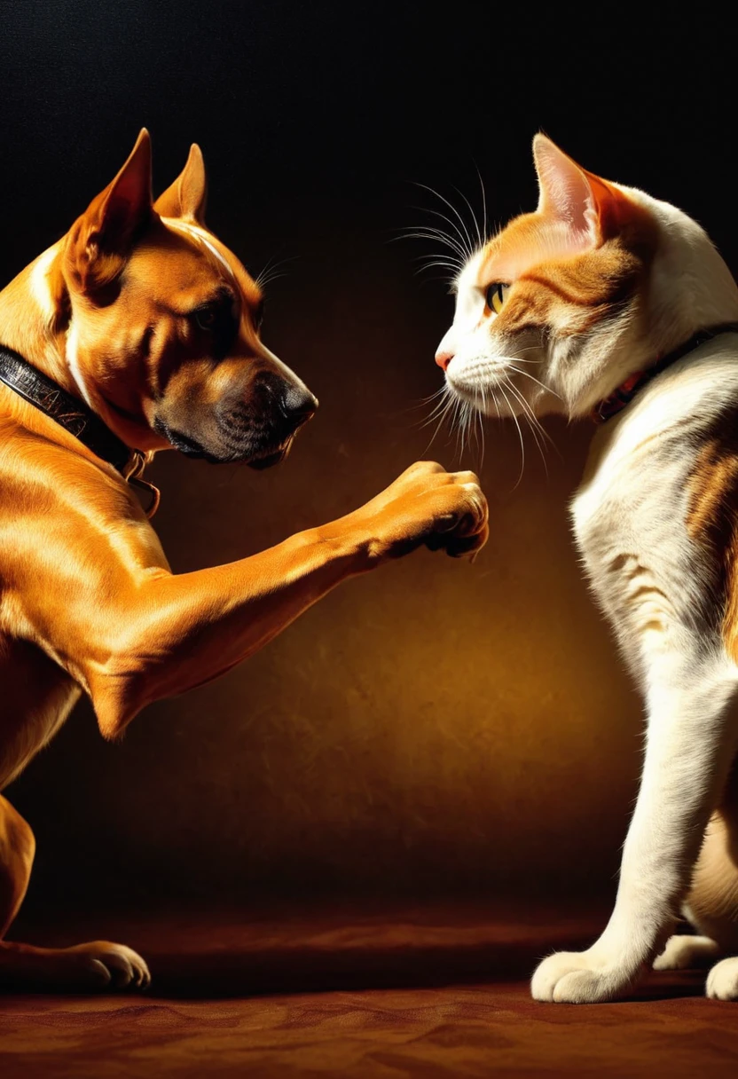 a dog and a cat boxing face to face, high resolution, hyperrealism, masterpiece, HD, 8k, detailed fur, intense expressions, dynamic action, vibrant colors, dramatic lighting, realistic environment, exquisite texture, attention to fine details