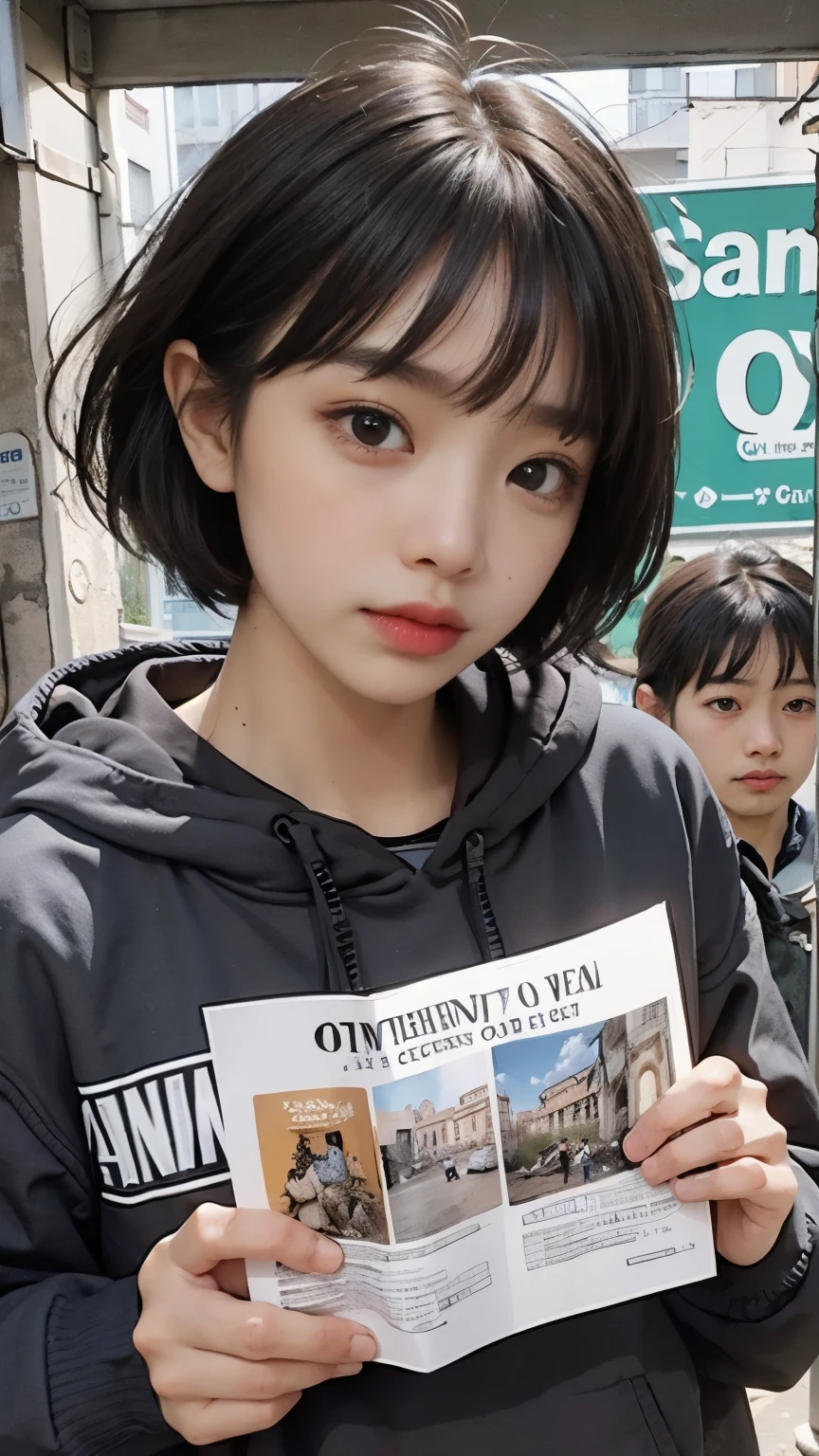 Bobcut,((Begging in the downtown area)),23 years old,(((Homeless))),Bad complexion,It smells bad,Full of trash,Korean women,Pitch black,Tattered clothes,((( in a destroyed city,Oil,Mud stains,shit,dirty))),(((Frowning,カメラをGlaring))),((((Rubble pile))),After the disaster,Very fine eye, (((He&#39;s wearing a tattered and dirty black hoodie.,Wearing ripped pants))),(((Collapsing Building))),(((Tragic))),((photograph)),(((Fabric Shading))), (((highest quality))), (((masterpiece))) strong girl, ((((Realistic)))),,Black Hair, chic hairstyle, ((With bangs,ストレートミディアムBobcut, nice hair)), Light makeup,Red eyes, (((I&#39;m not wearing lipstick))), (nice, strong), (((Strong night atmosphere))), Centered Images, Looking at the camera, Elegant colors,Realistic Skin,Realistic texture,８k,whole body,Pale skin,Red iris,Expressionless,Glaring,Perfect Face,(((Big eyes))),Holding a blank board