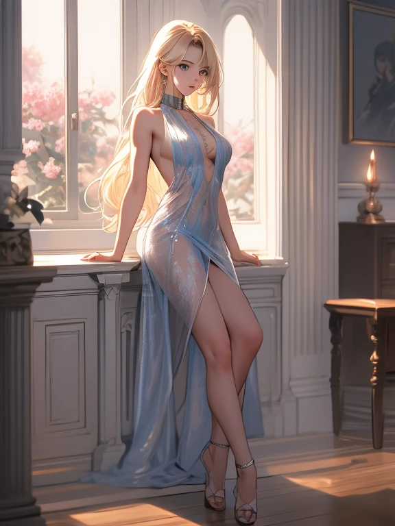 Has long blonde hair、Incredibly beautiful young femme fatale, Long Bangs, blue eyes, Wear a light summer dress. Romance. masterpiece. Full body image. Detailed drawing of the face. masterpiece, Perfect drawing, Realistic painting, full body drawing, Detailed Study, 8k. Full body image, Realistic image, Dynamic Image, Detailed Images. Highly detailed illustration, 最高品質の真のmasterpiece, Carefully drawn. Anime Style.She opens her long white slim legs through the side slits、Navel-baring look、Huge breasts、Tattoo、See-through nipples、Skinny Body、Toned Abs、