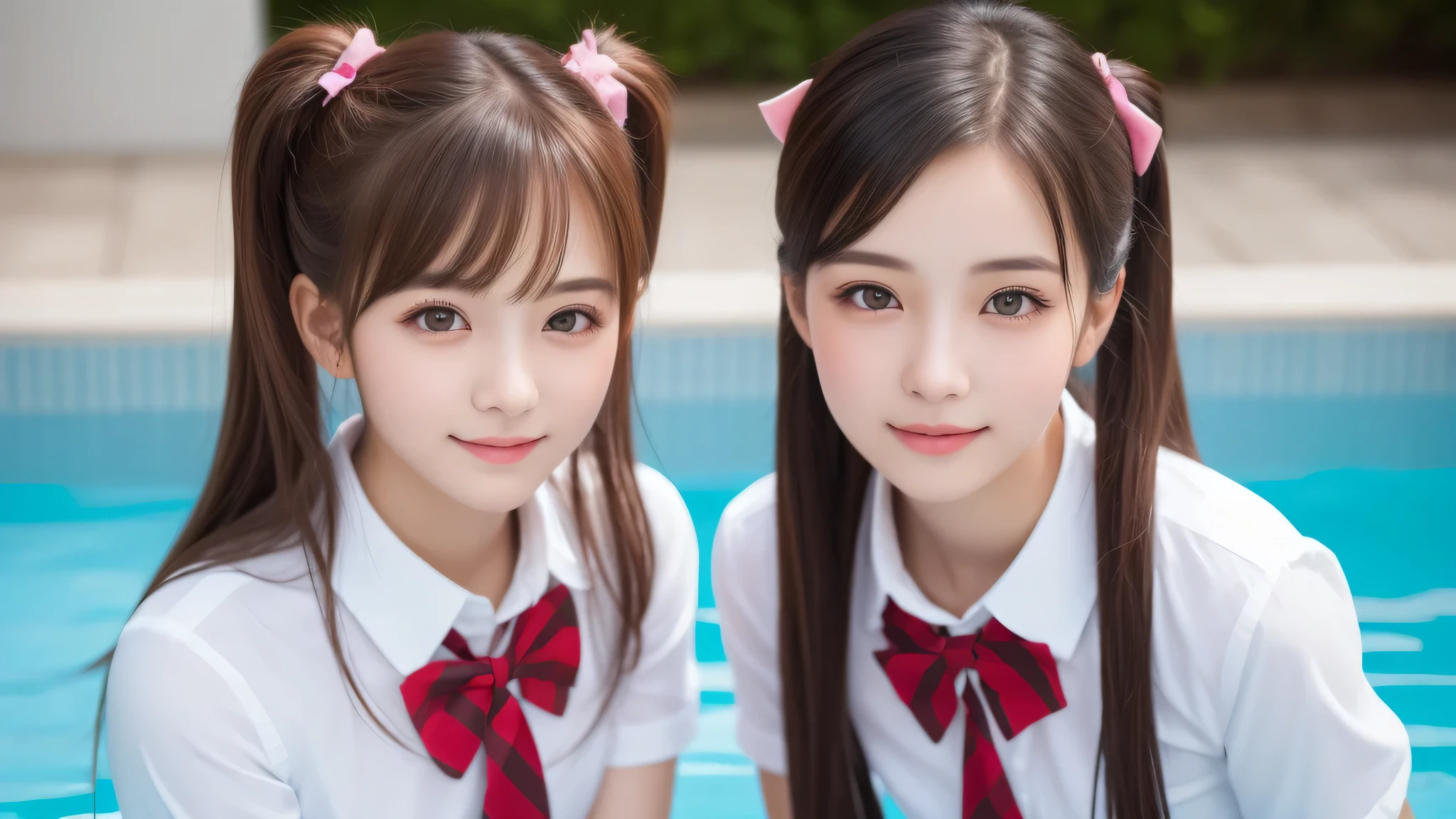(2girl), enchanting smile, (extremely detailed beautiful face), (highly detailed eyes, highly detailed face), (Pig tails hair), (high school uniform), Fresh, very clean appearance, (best Quality:1.4), (hyper-realistic, hight resolution), Professional Photography, standing, Outdoors, Close up portrait of girl, staring at me, into the pool, (Fine face:1.2),