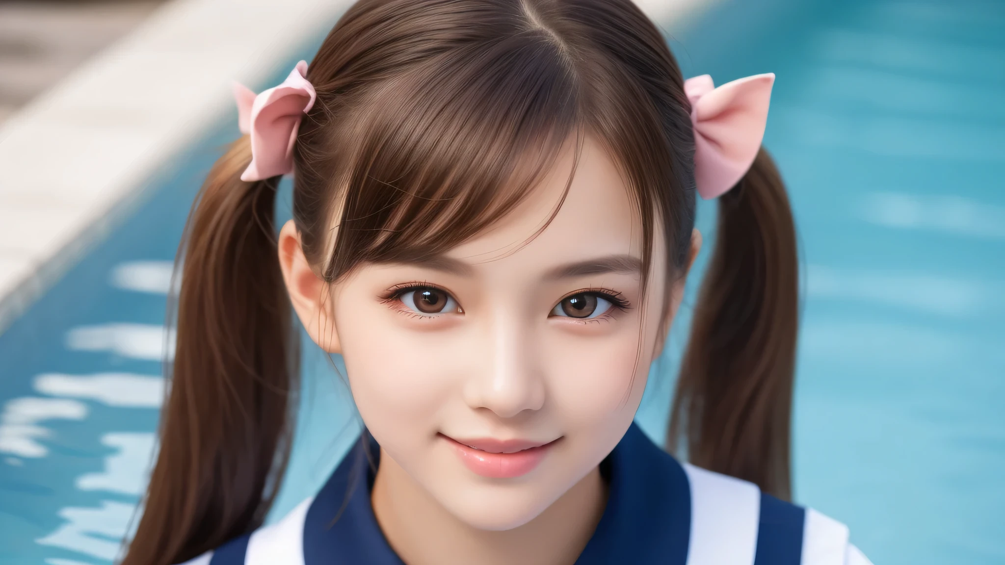 (2girl), enchanting smile, (extremely detailed beautiful face), (highly detailed eyes, highly detailed face), (Pig tails hair), (high school uniform), Fresh, very clean appearance, (best Quality:1.4), (hyper-realistic, hight resolution), Professional Photography, standing, Outdoors, Close up portrait of girl, staring at me, into the pool, (Fine face:1.2),
