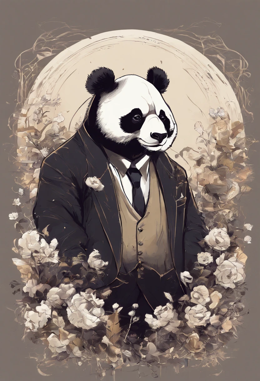 anthropomorphic panda, de cuerpo entero, vestido formalmente con un blazer, sostiene una bandeja, pegatina de panda, sticker de panda.