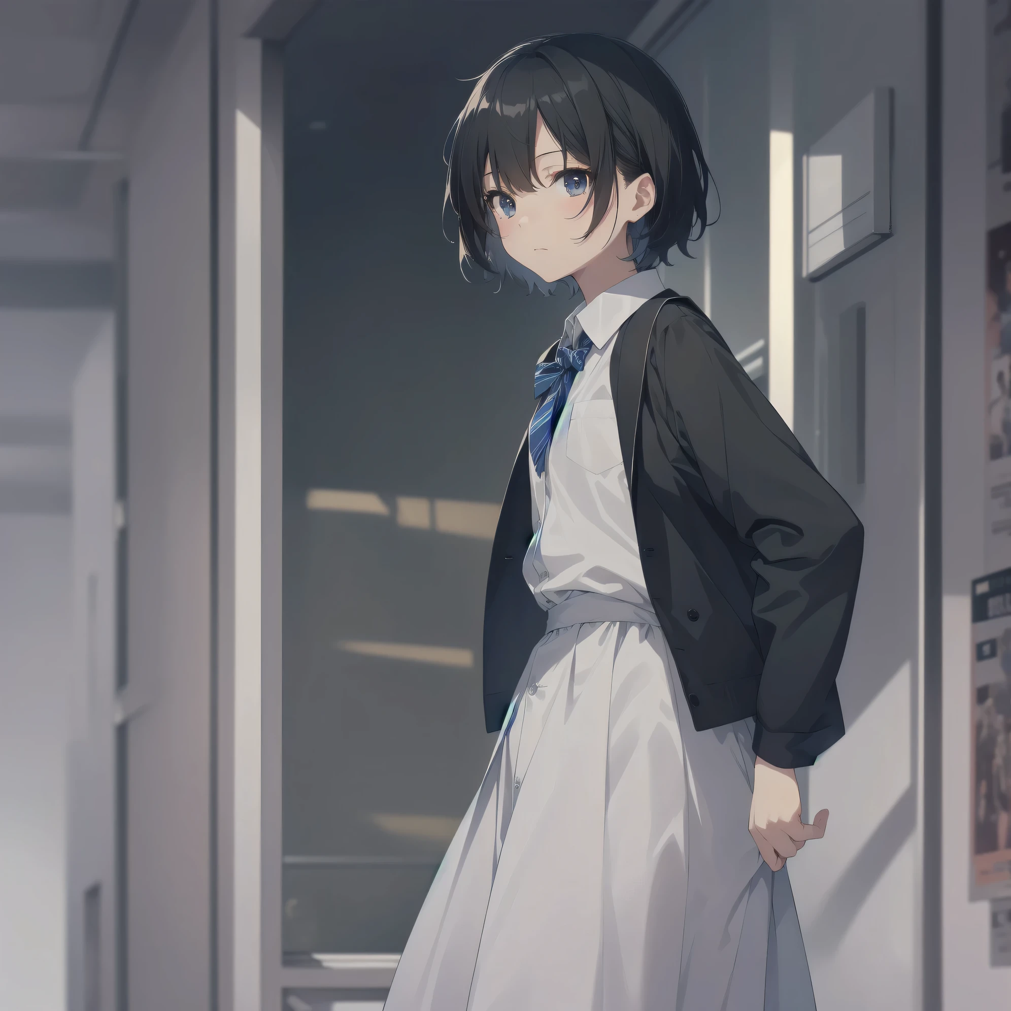 ultra-absurdres-Top quality by artist God, ultra-detailed, high resolution, anime moe artstyle, best anime 8k konachan wallpaper, pixiv contest winner, pool:2810, perfect anatomy,break, 1girl, (Please draw a girl walking sleepily to school alone. )break,(Solo,little female, 13-year-old:1.3),Full limbs, complete fingers,a junior high school student,  (very short hair), short cut, flat chest, , small butt, small black eyes, beautiful detailed eyes, well-proportioned iris and pupils, expressive eyes, highres detailed hair, soft expression, school_uniform, bowtie, collared shirt.  pleated skirt,(Detailed Lighting), (Detailed background), in the School commute route. break,super detailed skin, Best cinematic lighting powered by famous artist, 8k,beauty illustration,photoshop_(medium),very aesthetic,break,((artist:futa (nabezoko) )), artist:bolze ,artist:oyari ashito ,artist:kantoku ,