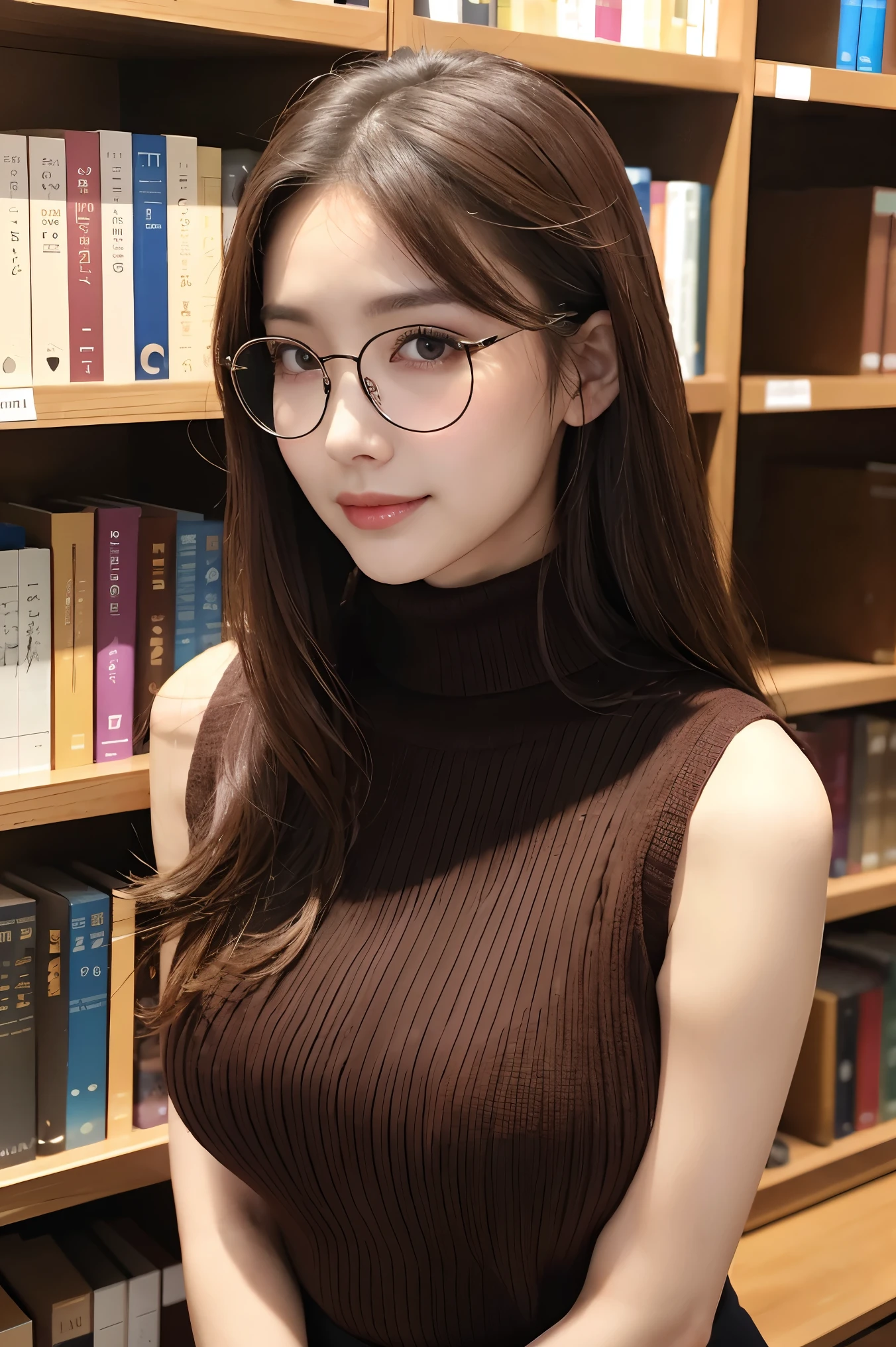 (highest quality、Tabletop、8k、Best image quality、Award-winning works)、One beautiful woman、Age 25、alone、Perfect beautiful composition、Exactly、(Face close-up:1.1)、(Very large breasts:1.2)、(Accentuate your body lines:1.1)、(Perfect dark brown turtleneck sleeveless knit sweater:1.2)、(Smooth and fluffy turtleneck sleeveless knit sweater:1.2)、A tight mini skirt made from elegant Melton fabric.、(Perfect round elegant glasses:1.2)、Elegant medium hair、Look at me and smile、(Strongly blurred library background:1.1)、Standing elegantly in the library、Perfect and accurate bookshelf、The most natural and perfect library interior、Natural Makeup、Ultra-high definition beauty face、Ultra HD Hair、Ultra-high definition sparkling eyes、(Shining Ultra HD Beautiful Skin:1.1)、Ultra-high quality glossy lips、Accurate anatomy、Ultra HD Hair、(Closed lips:1.1)