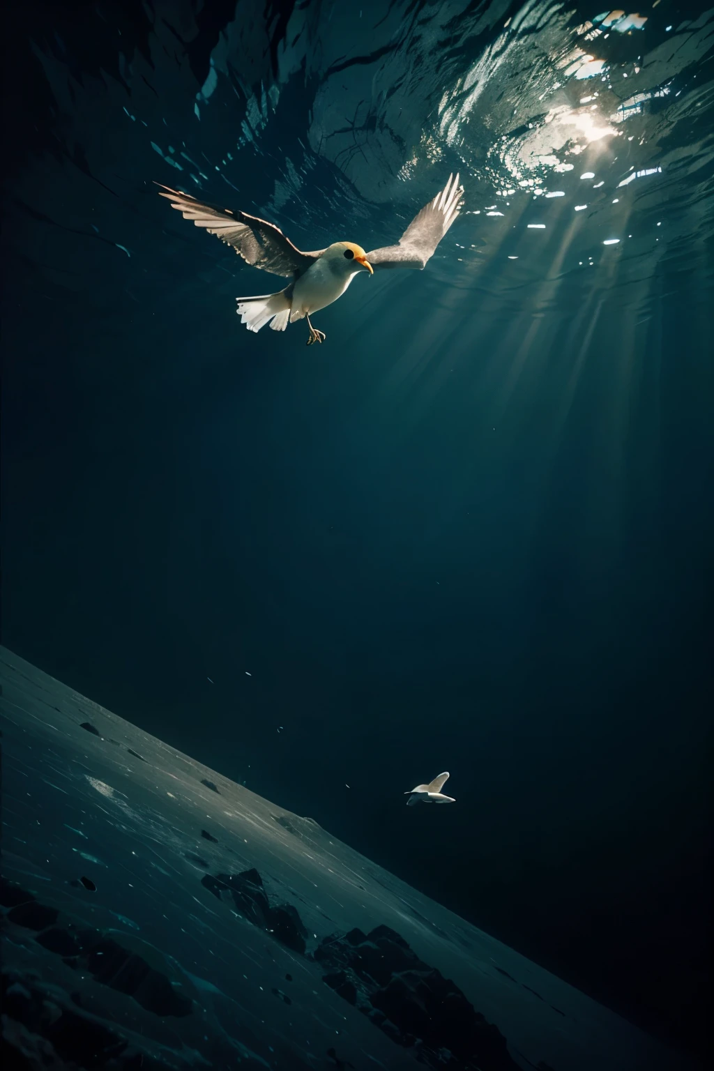 Image of a bird flying underwater on the moon