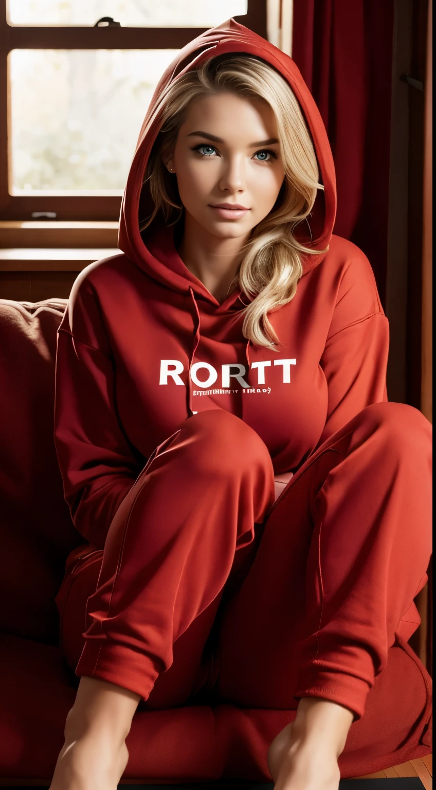 Foto hiperrealista en primer plano de Emily Sears, masterpiece, best quality, (photorealistic:1.4), full body, (red hoodie:1.2) and (red sports pants:1.2), bare feet, sitting on the sofa in living room, cinematic light, beautiful woman, skinny, large big breasts, straight blond hair, detailed face, smile, facing the camera, photo taken from a distance, age of 20 years old
