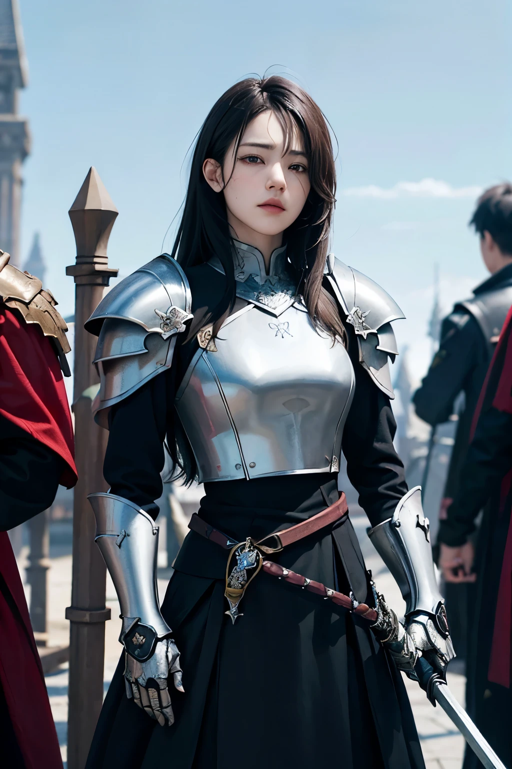 blood vess、atrocious、A high resolution、ultra - detailed，Bones are everywhere，Broken weapons are scattered everywhere，Loaded with swords, Guns and halberds，The weapon should have undried blood，The top of the pile of bones，A woman who is，Wearing dragon-patterned armor，The armor is black dragon scales，The hands are supported by broadswords，（The sword pierces the monster's head，1.3），The sky is gloomy。