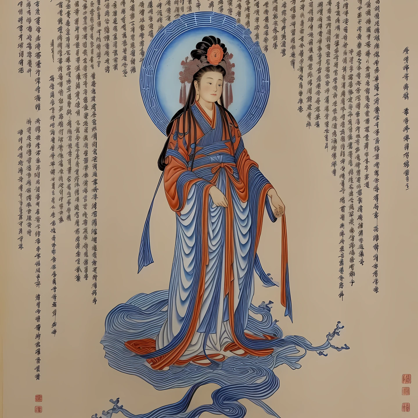 ((best quality)), ((masterpiece)),
((guanyin,1girl)),traditional media,hanfu,dress,chinese clothes,(chinese text,  text focus,wall of text),